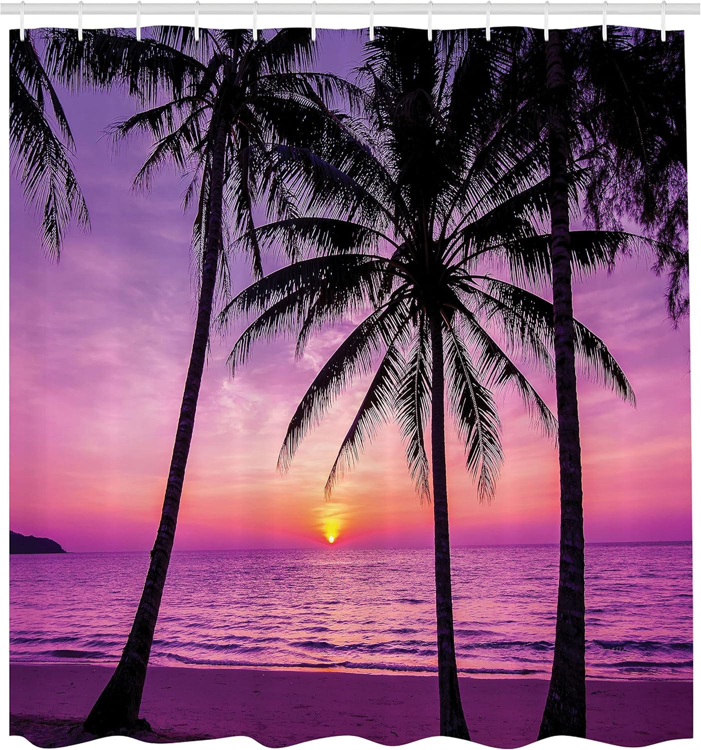 Ambesonne Ocean Shower Curtain, Palm Trees Silhouette at Sunset Dreamy Dusk Warm Exotic Twilight Scenery Image, Cloth Fabric Bathroom Decor Set with Hooks, 69" W x 70" L, Purple Black