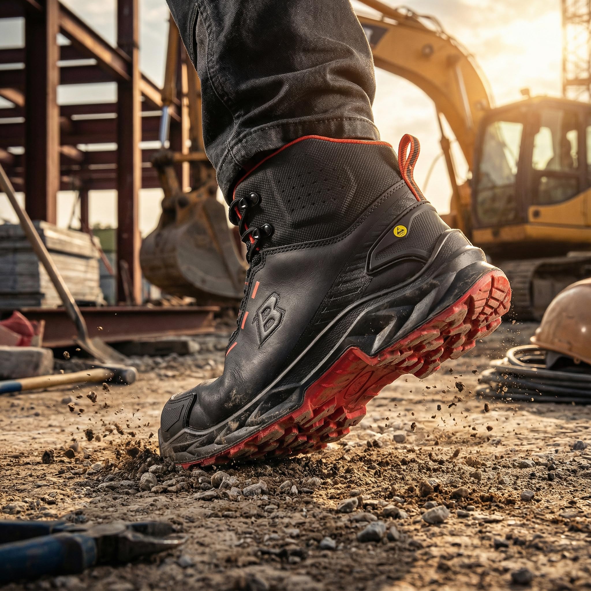 BWOLF Falcon HI S3S męskie buty robocze – czarna gładka skóra, aluminiowy nosek, podeszwa środkowa kevlar, ochrona ESD