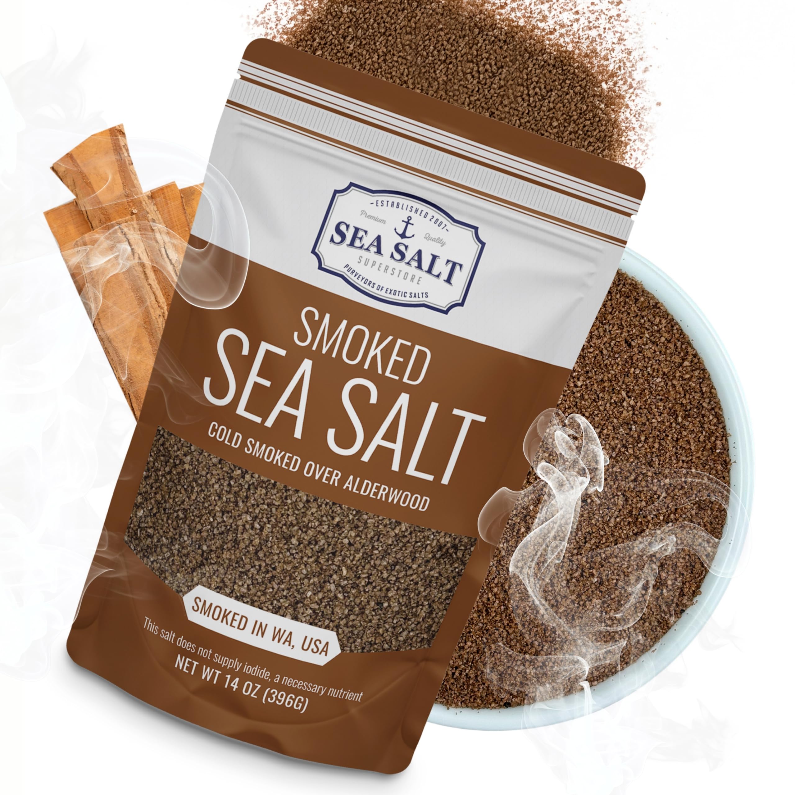Fine-Grain Cold Smoked Sea Salt Over Alderwood for Cooking & Grilling – Unrefined Smoked Salts that Adds Smoky Flavor to Popcorn & Meat – 14 oz Bag, Sea Salt Superstore