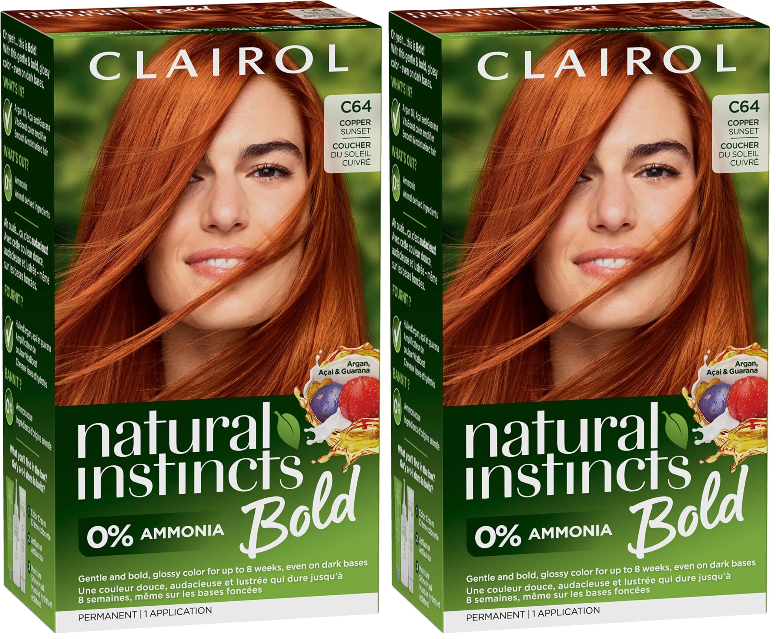 Clairol Natural Instincts Bold Permanent Hair Dye, C64 Copper Sunset Hair Color, Pack of 2