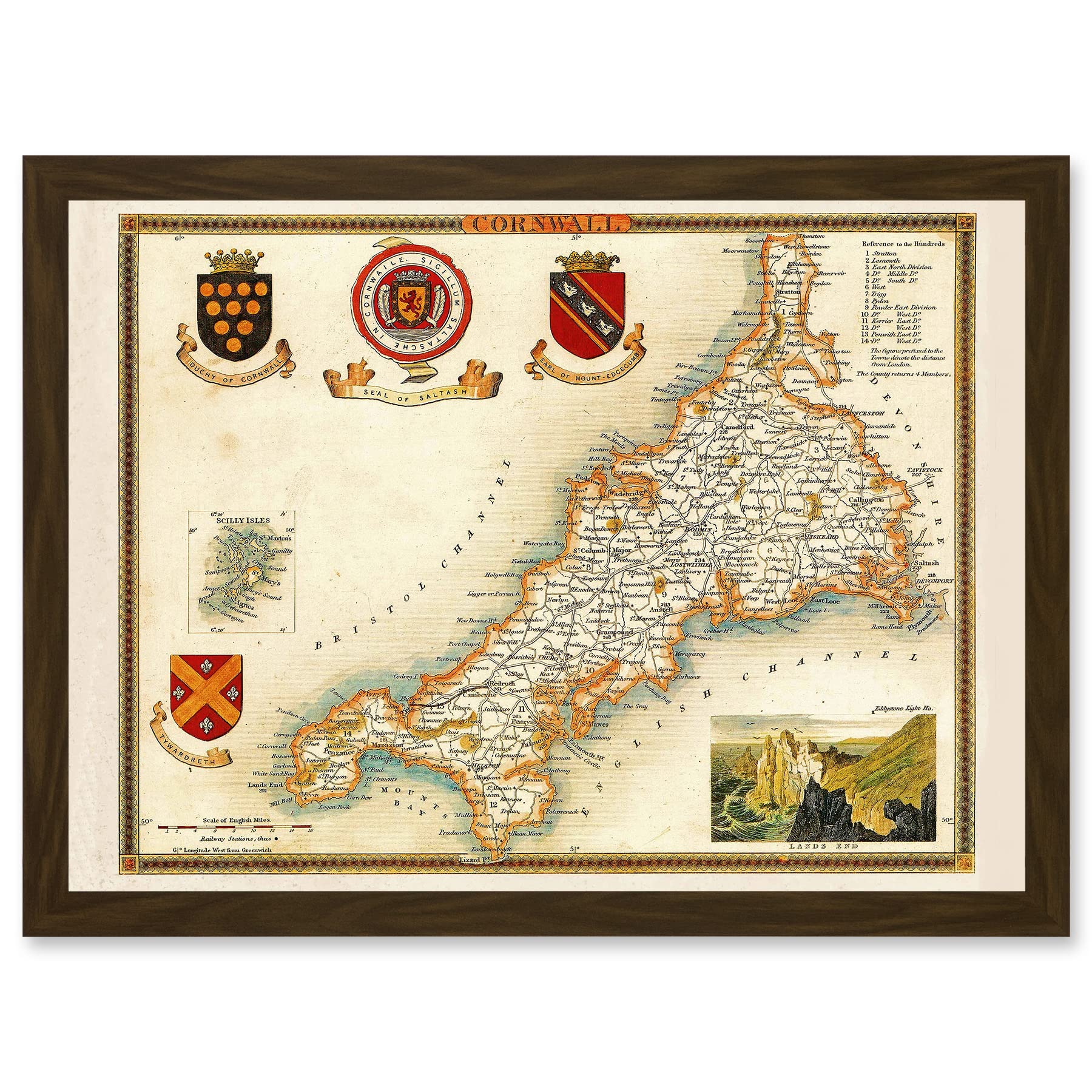 Artery8 Map Antique Moule 1850 Cornwall County England UK Artwork Framed Wall Art Print A4