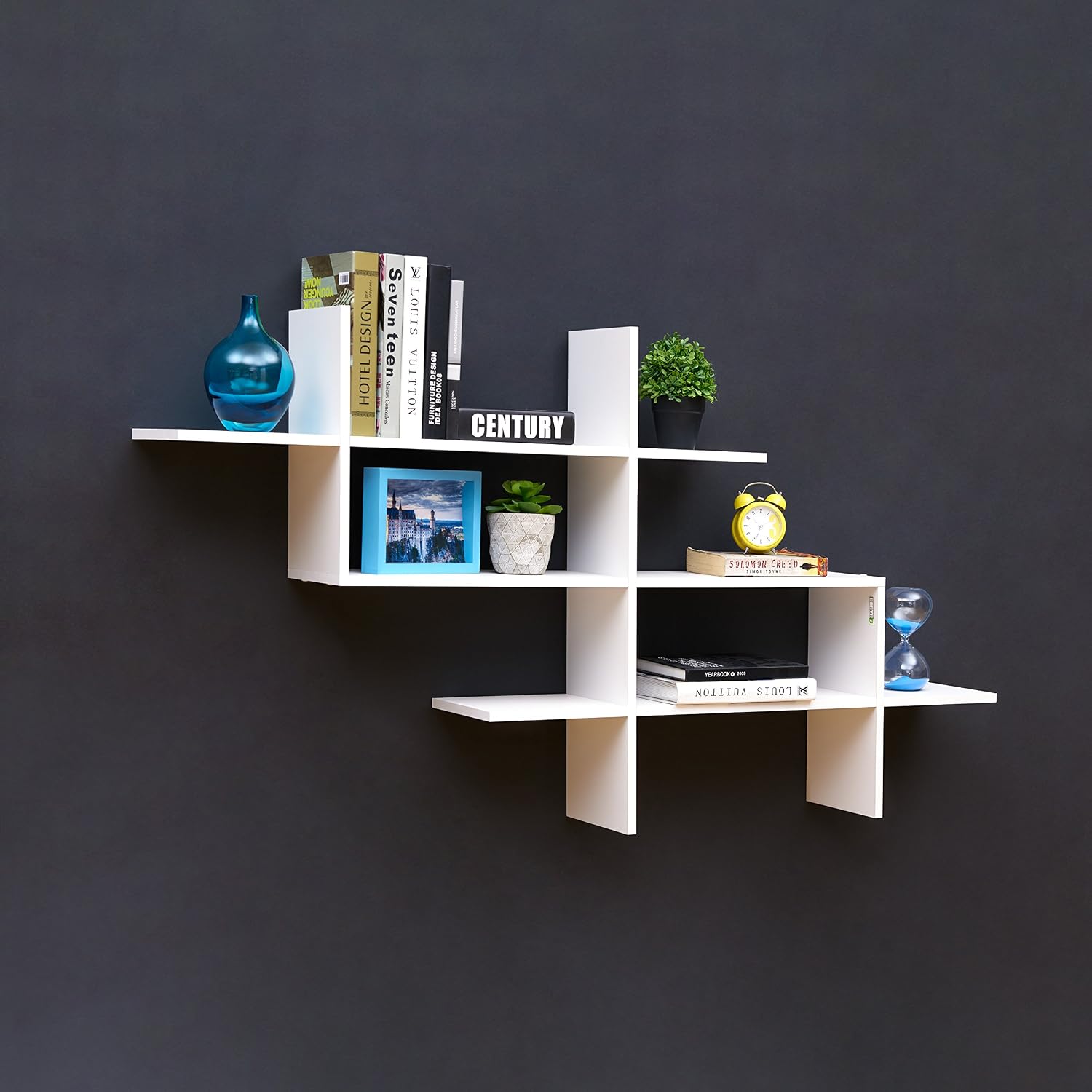 Danya B. 3-Tier Rustic Hanging Wall Mount Floating Ladder Accent Shelf with Criss Cross Asymmetrical Modern Design (White)