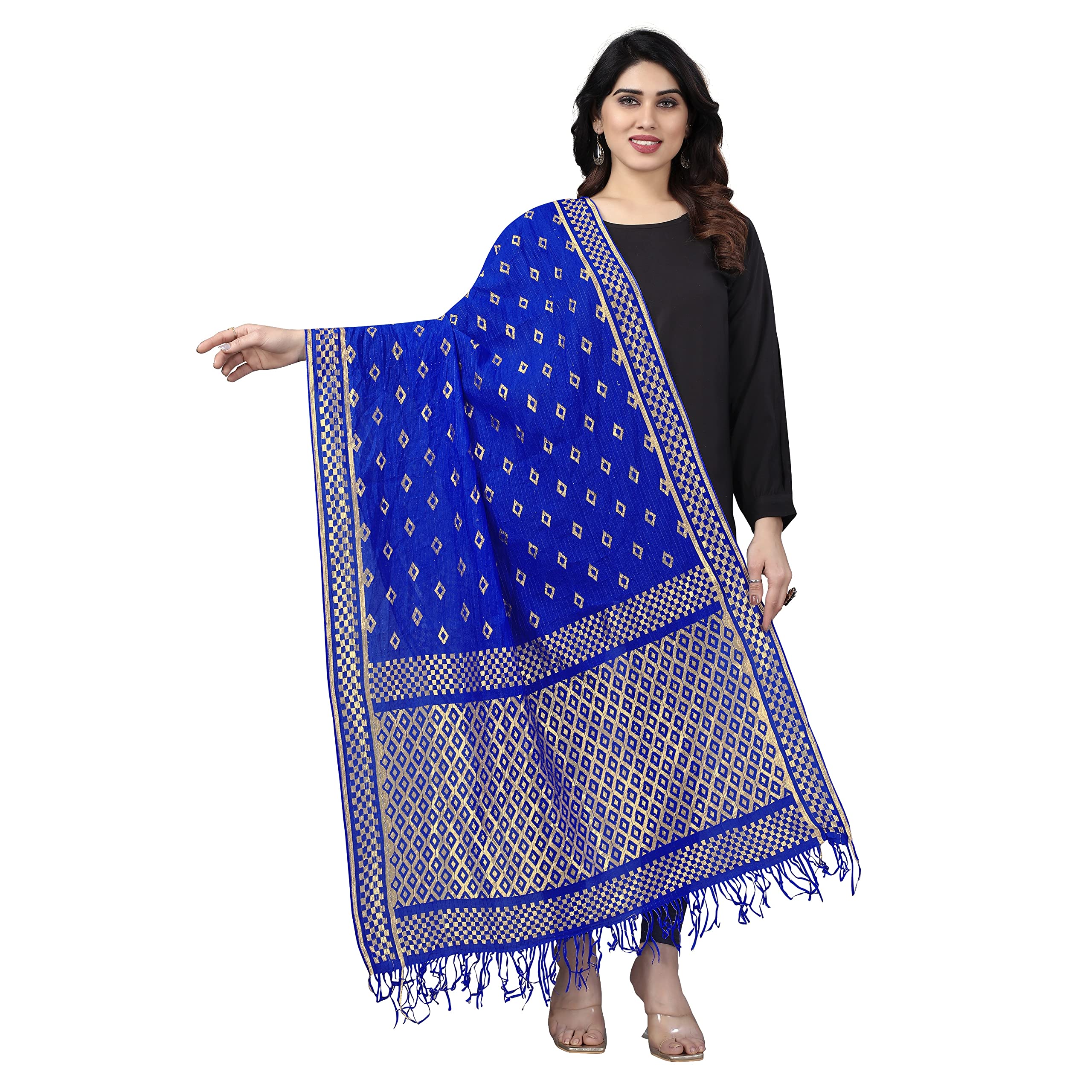 StyleScope Women's Rasal Net Dupatta With Gold Zari Work (Dup Diamond Royal Blue_Royal Blue_2.25 Mtr)