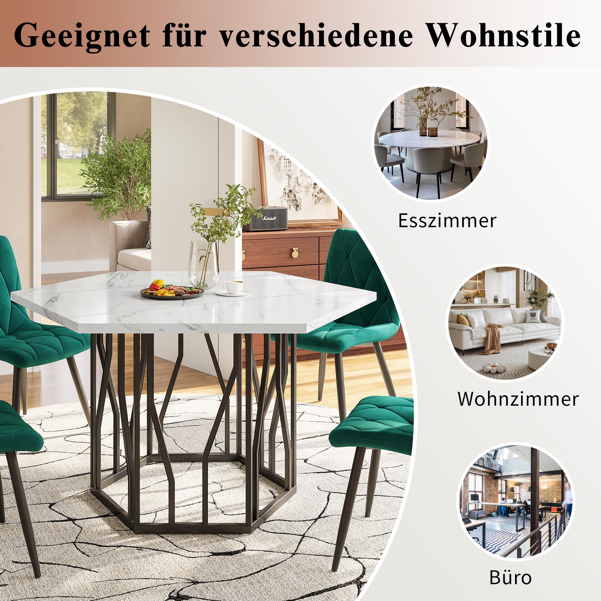LAKFEW Esstisch mit 4 Stühlen, Esszimmerstühle 4er Set mit 115.5 x 100 cm Marmor-Esstisch und 4 Esszimmerstühle, Essgruppe Tisch und Stühle Set, Küchenmöbel, Schwarz