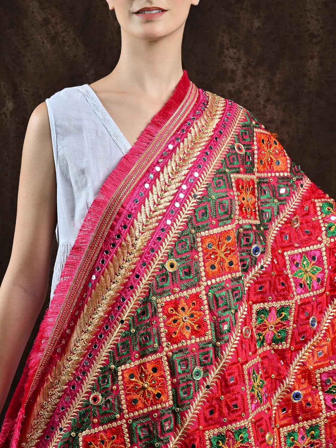 Exotic India Phulkari Dupatta/Chunni For Women's from Punjab with Multicolor Thread Embroidery and Bead-Mirror Work - Image 5