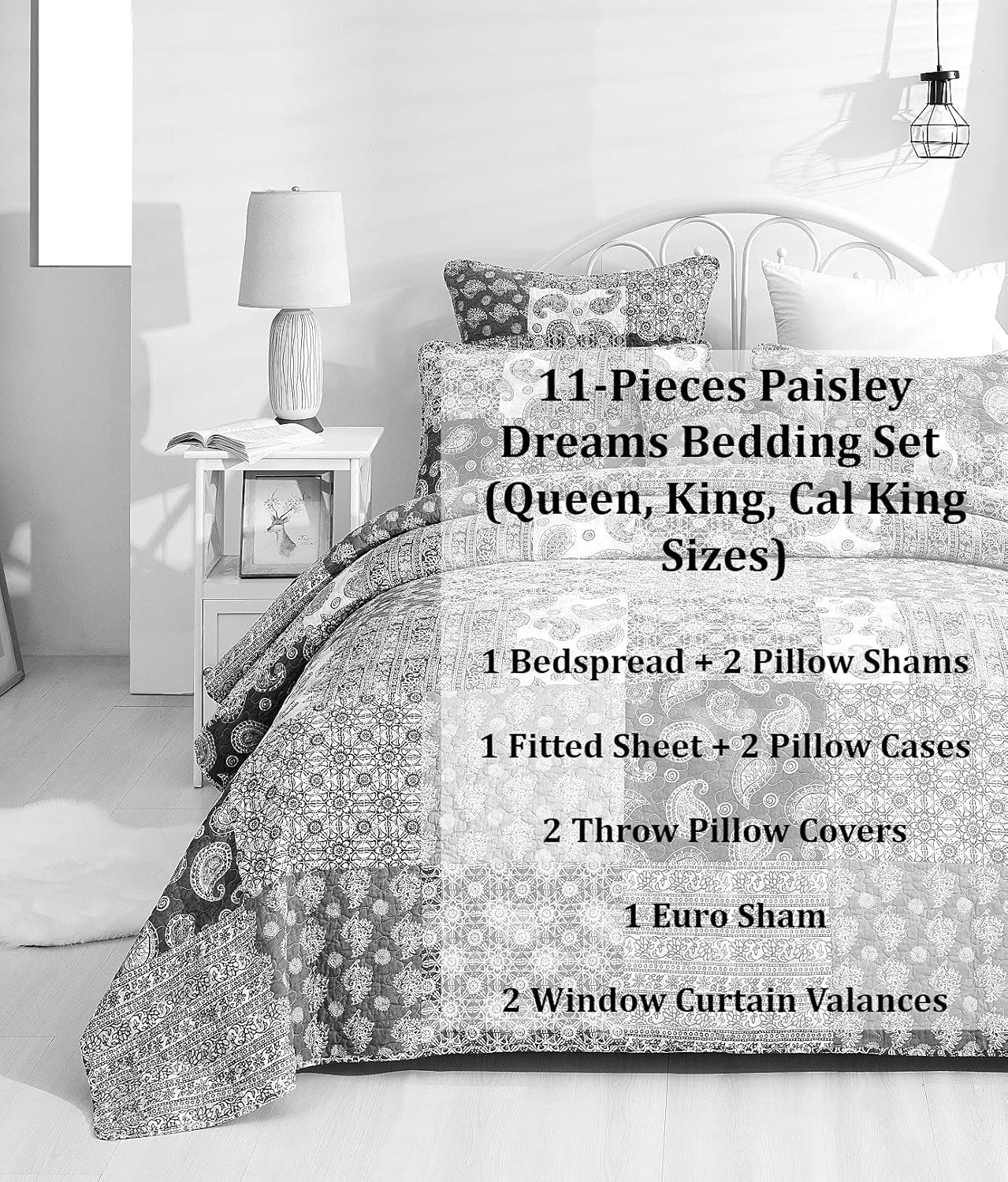 DaDalogy Bedding 11-Pieces Bohemian Bed in a Bag Set - Paisley Dreams Floral Brown Green Cotton Patchwork Bedspread - Fitted Sheet w/Pillow Throw Euro Sham Covers & Window Curtain Valance - King Size