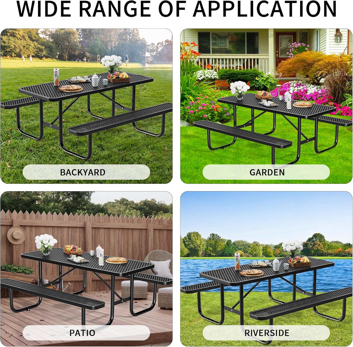 6FT Rectangular Steel Outdoor Picnic Table,Commercial Black Picnic Table Bench Set with Umbrella Hole, Weather-Resistant Heavy Duty School Dining Table for Patio, Garden, Backyard