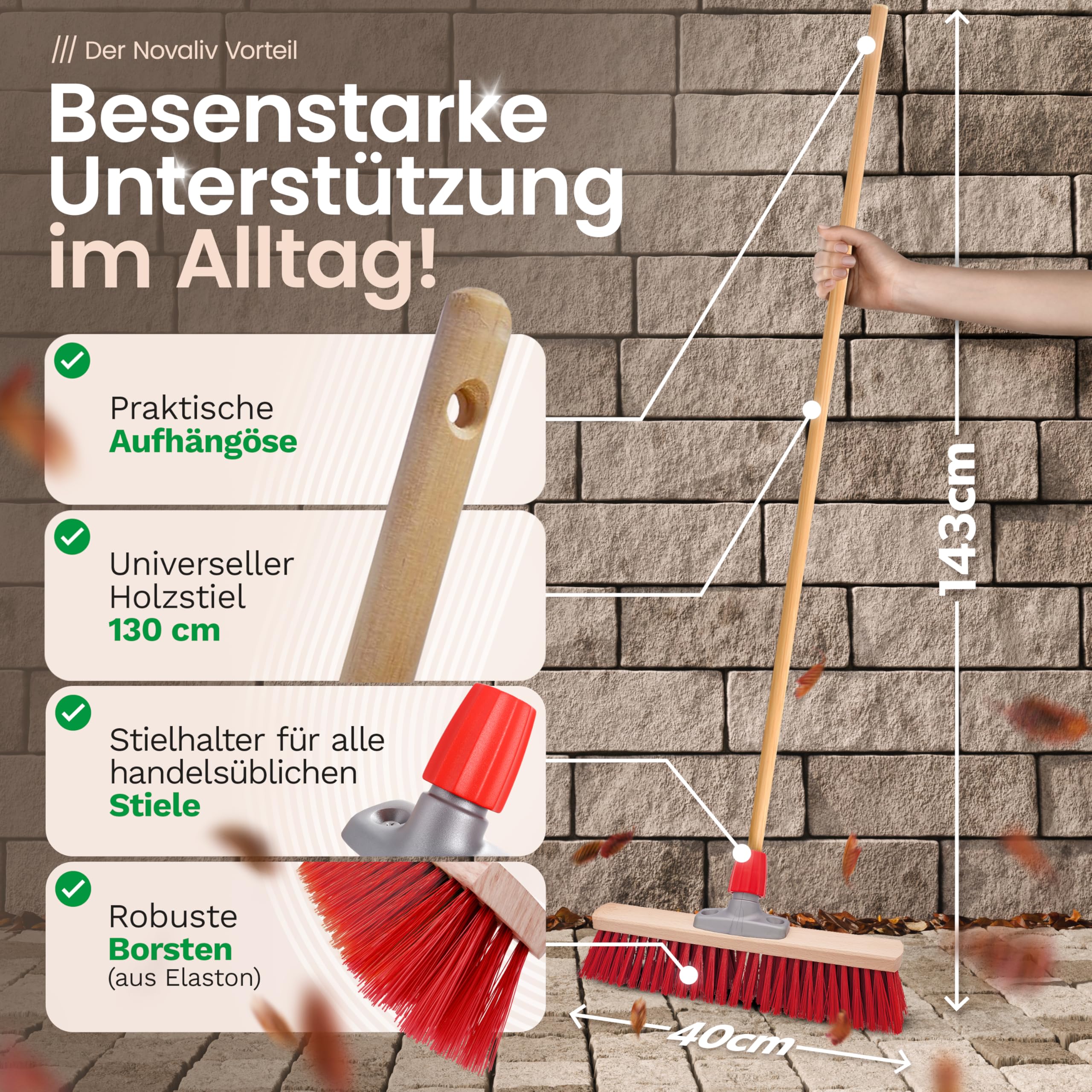 Novaliv 4X Straßenbesen 40 cm mit Holzstiel I Elaston rot I Besen für draußen I Industriebesen Gartenbesen mit Stiel Schneebesen Allzweckbesen Stallbesen Winterbesen