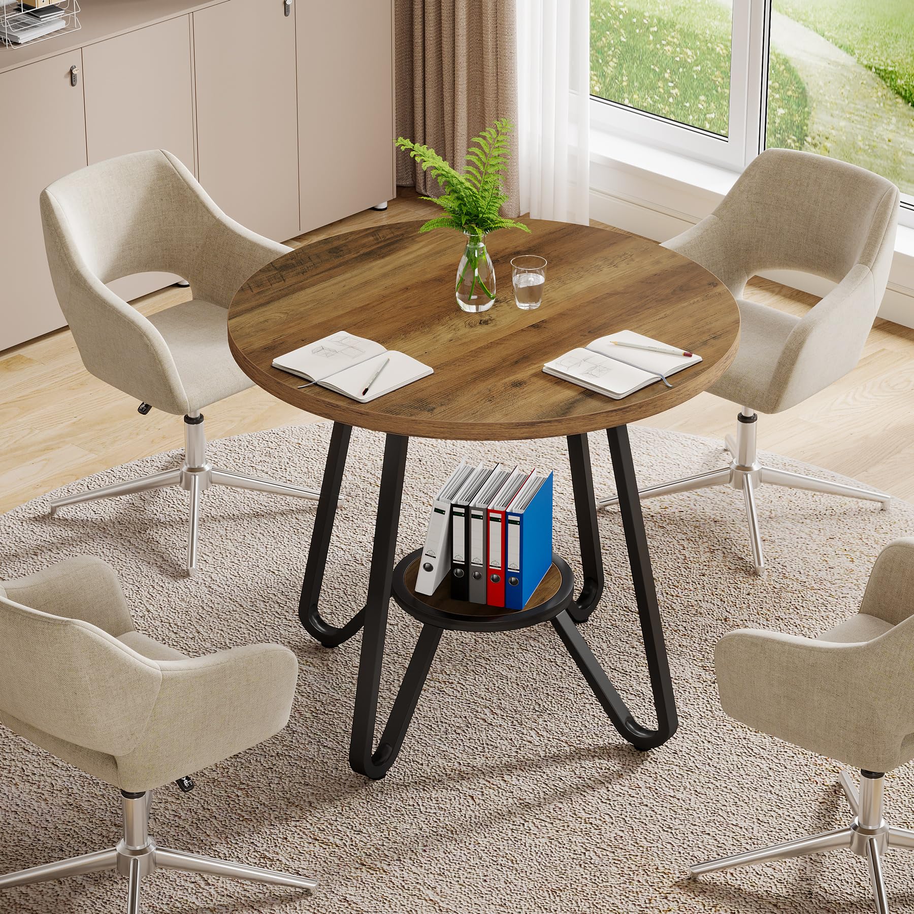 Tribesigns Runder Besprechungstisch 80×80×75 cm, Kleiner Konferenztisch für 2-4 Personen, Kompakter Holztisch für Büro und Arbeitszimmer, Braun