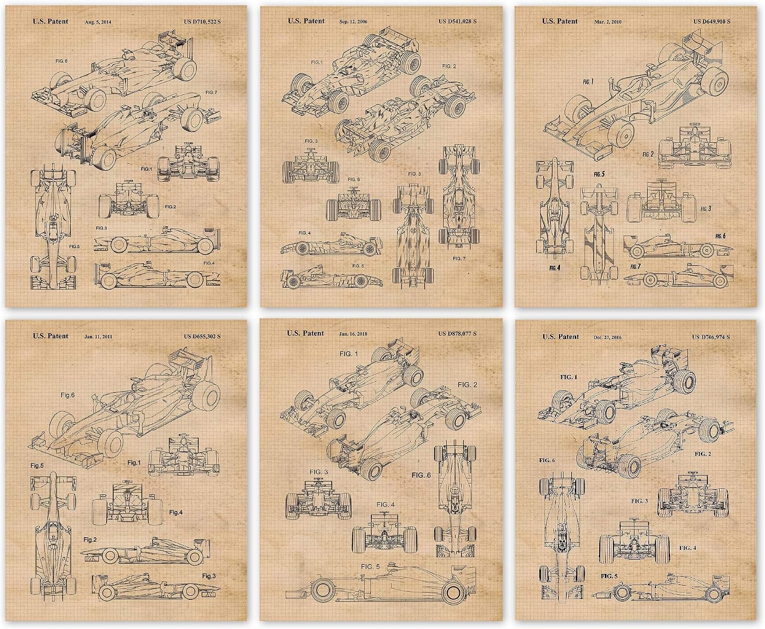 Classic F1 Circuits Racing Cars Patent Prints, 6 (8x10) Unframed Photos, Wall Art Decor for Home Enzo Ferrari Work Office Engine Tech Gear Garage Shop School Student Teacher Team Coach