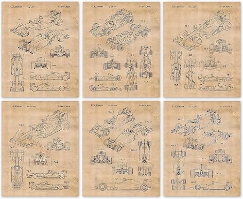 Classic F1 Racing Cars Patent Prints, 6 (8x10) Unframed Photos, Wall Art Decor Gift for Home Enzo Ferrari Office Engine Garage Shop College Student