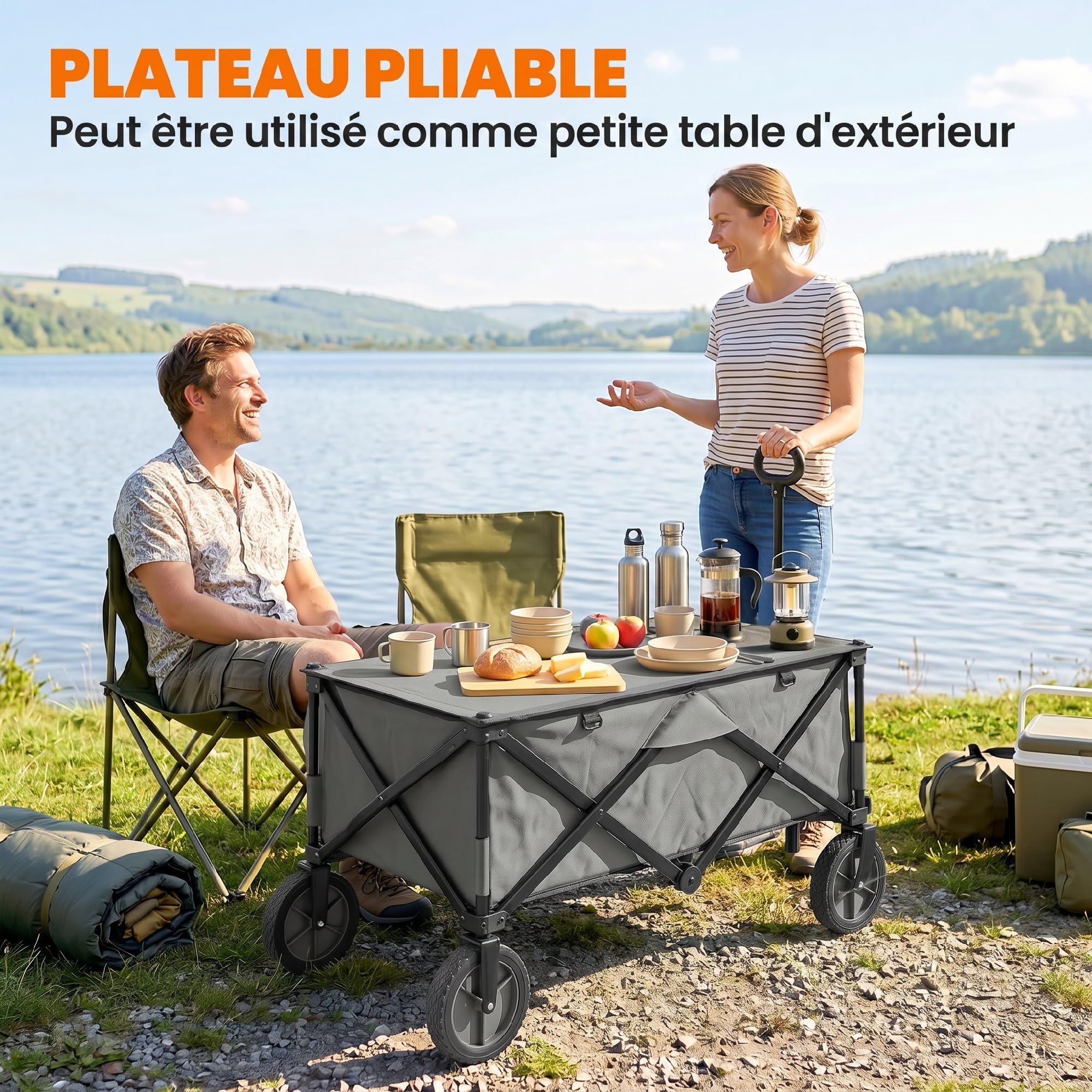 Outsunny Chariot de Plage Pliable 4 Roues, 108 x 55 x 93 cm Gris Foncé | Chariot de Transport, Bâche Amovible, Poignée Télescopique, Inclinaison Réglable, Plateau Pliable, 5 Sacs de Rangement