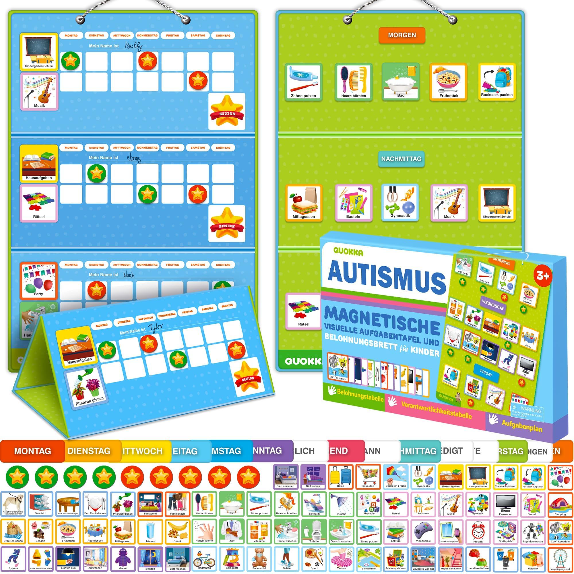 QUOKKA Tabla de recompensas para niños con Varios Hijos - Juguete de Rutina de Comportamiento para niños autistas de 5 a 7 años - Material de Aprendizaje sobre Autismo - versión en alemán