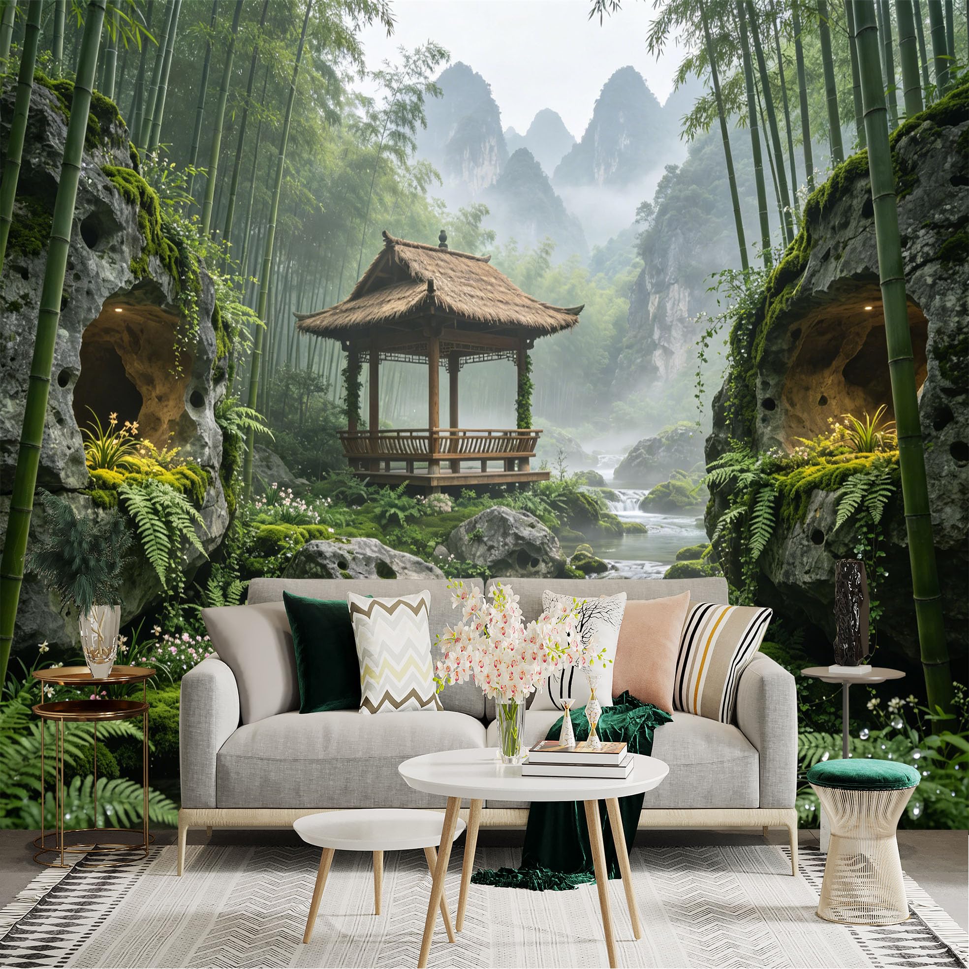 Custom Size Wall Sticker Mural， Bamboo Forest with Waterfall， Zen Pavilion and Mountain Landscape， for wall Decoration， peelandstick wall Decals.