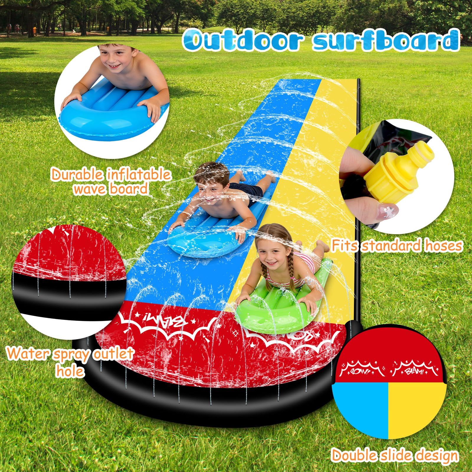 Toboggan Aquatique, 480 x 140cm Toboggan pour Pelouse Double Toboggan à Eau, Toboggan de Pelouse d'été avec Arroseur Intégré avec 2 Planches Gonflables pour Jeux d'eau en Extérieur