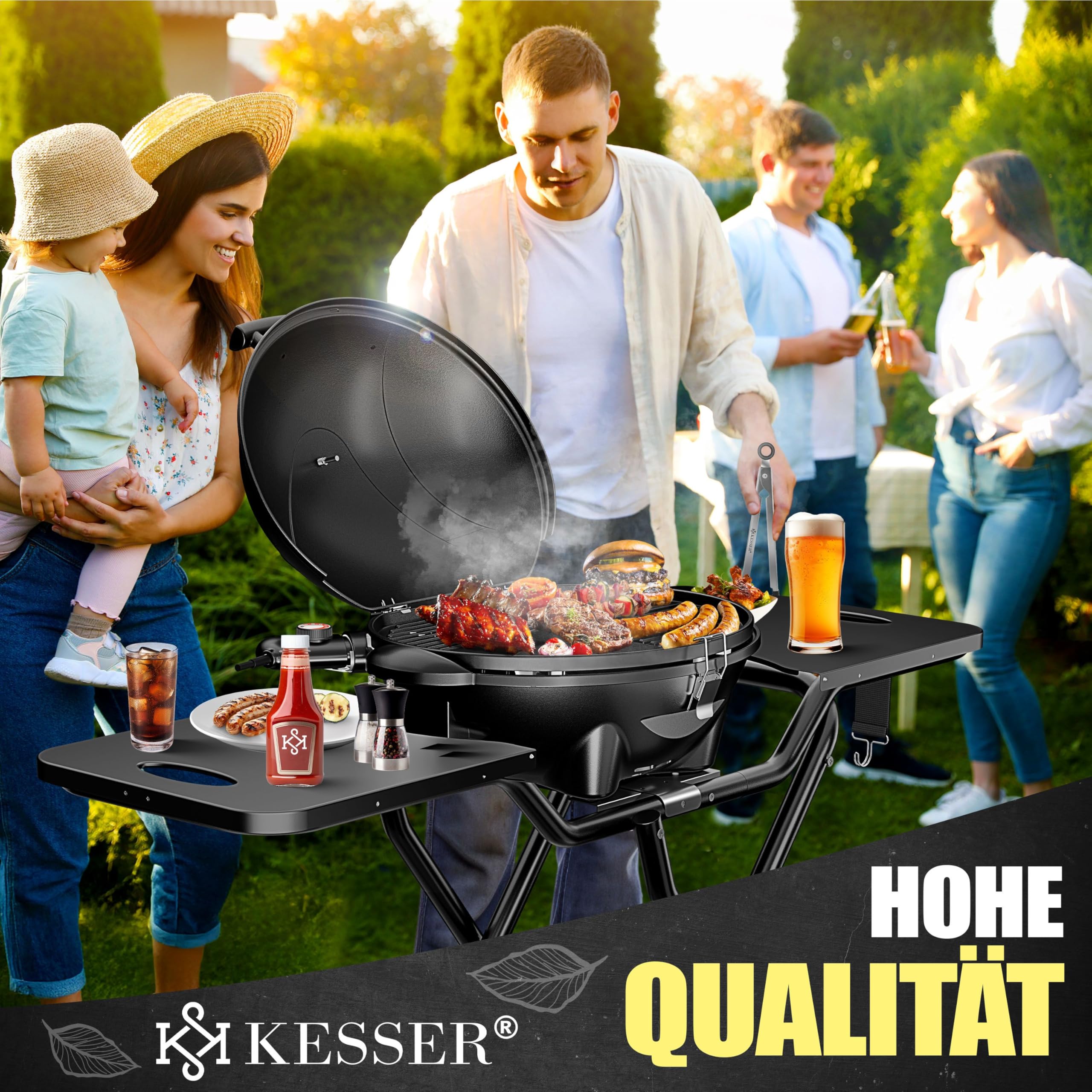 KESSER® elektrischer Elektrogrill 2in1 Tischgrill - Standgrill mit Deckel und Standfuß | max. 2400 Watt | Faltbar | Thermostat | Antihaftbeschichtung | Grillplatte Abstelltische | 2 Räder