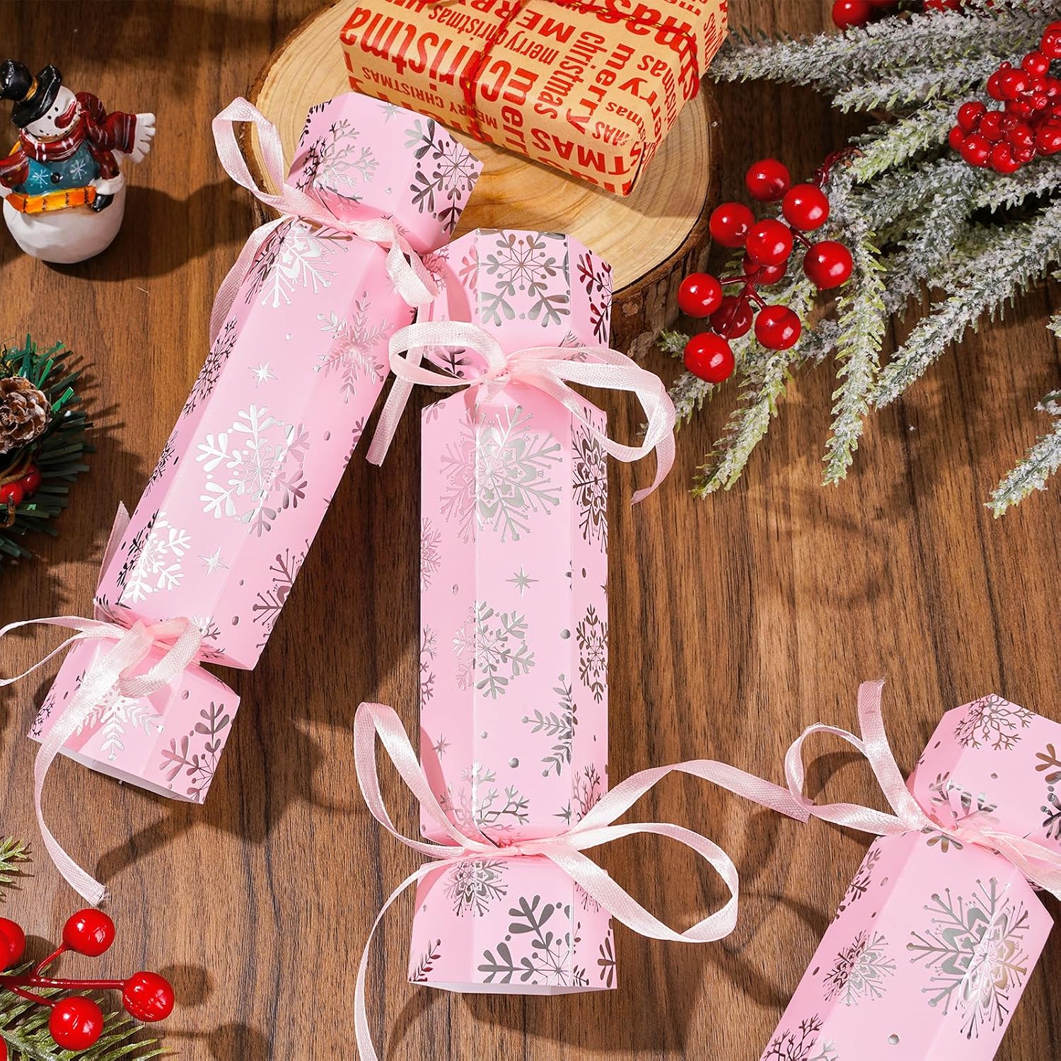 Whaline 60 Packs Christmas No-Snap Party Table Favors DIY Pink Silver Winter Snowflake Paper Cracker Candy Boxes with Ribbon for Xmas Gift Stocking Stuffers Holiday Party Dinner Traditions Supplies image 4