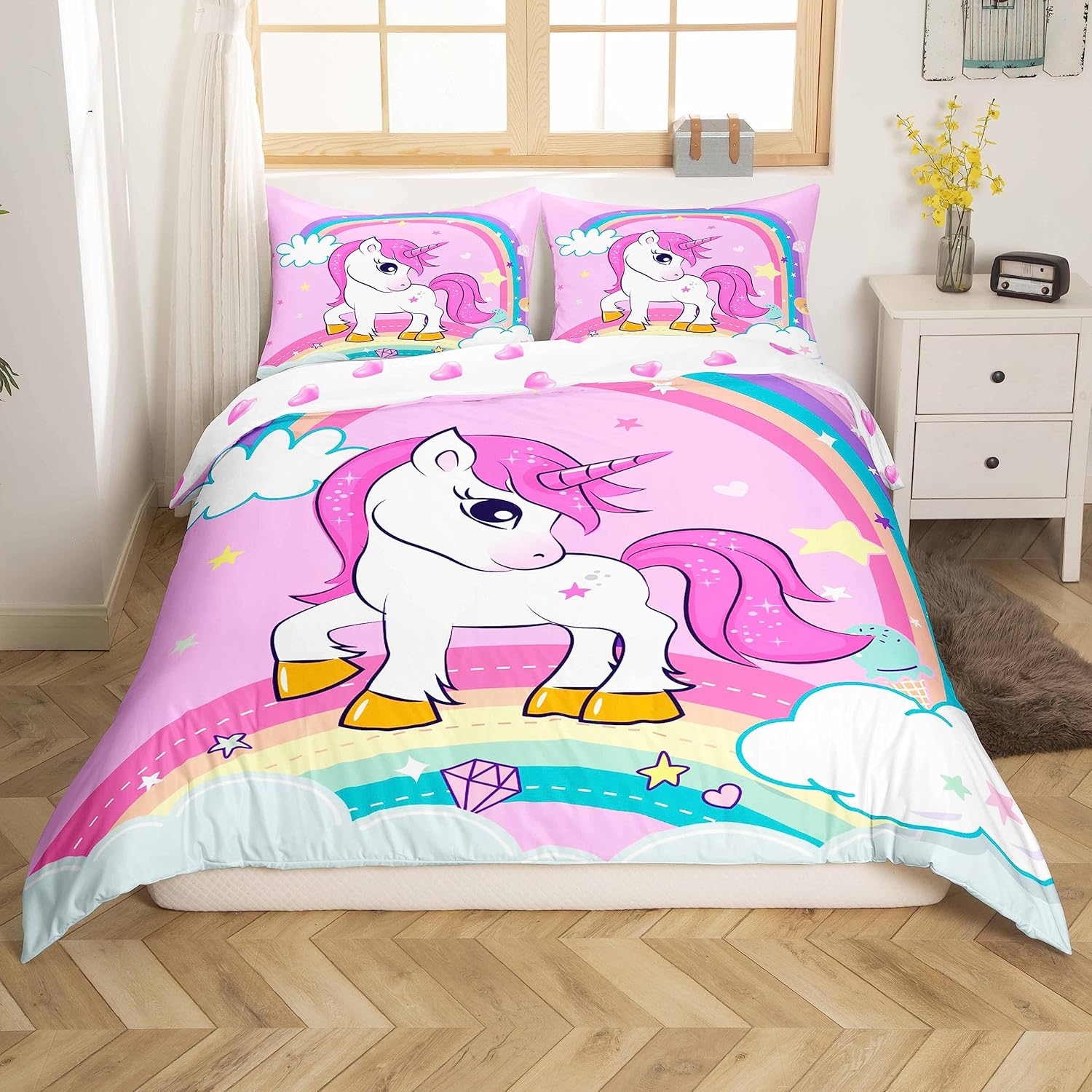 Amazon.com: Cute Unicorn Duvet Cover Full Pink Rainbow Star Galaxy ...