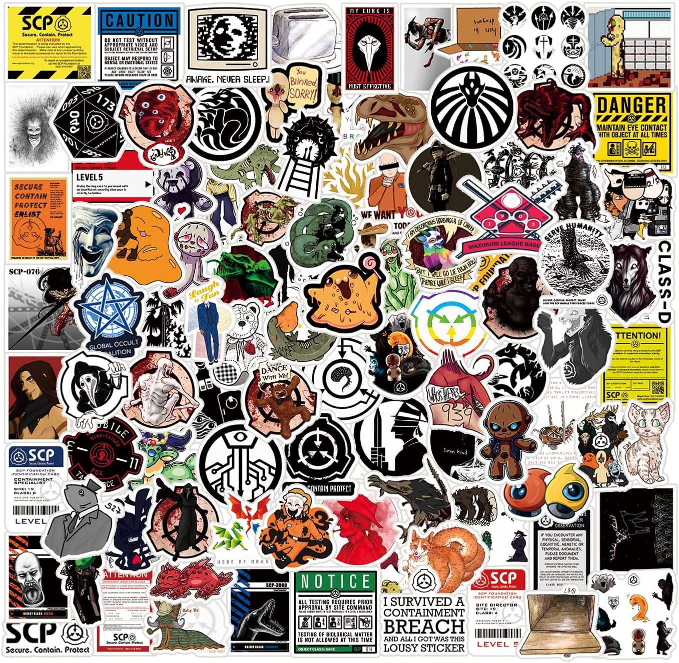 100Pcs SCP Foundation Stickers Pack | Classic Grotesque Science Fiction Stickers Vinyl Waterproof Stickers for Water Bottle Skateboard Luggage Laptop Teens Girls Fans Adults （SCP Foundation）, 2-4inch