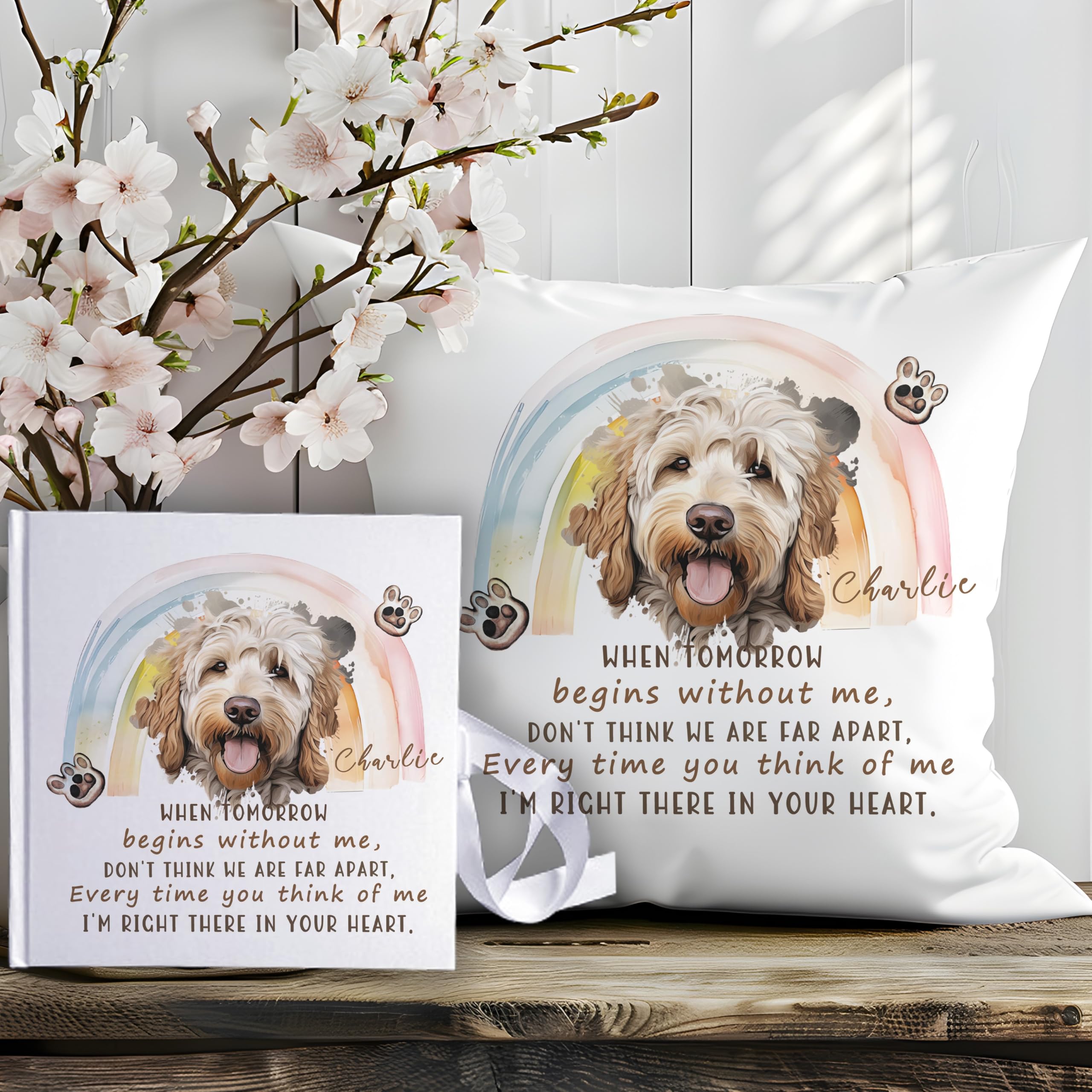 Personalised Custom Own Photo Bespoke Memorial Memory Cushion Pet Loss Throw Pillow RIP Book Notebook Album Dog Puppy Cover Name Insert Comfort Message Rainbow Bridge Remembrance Sympathy Gift Set