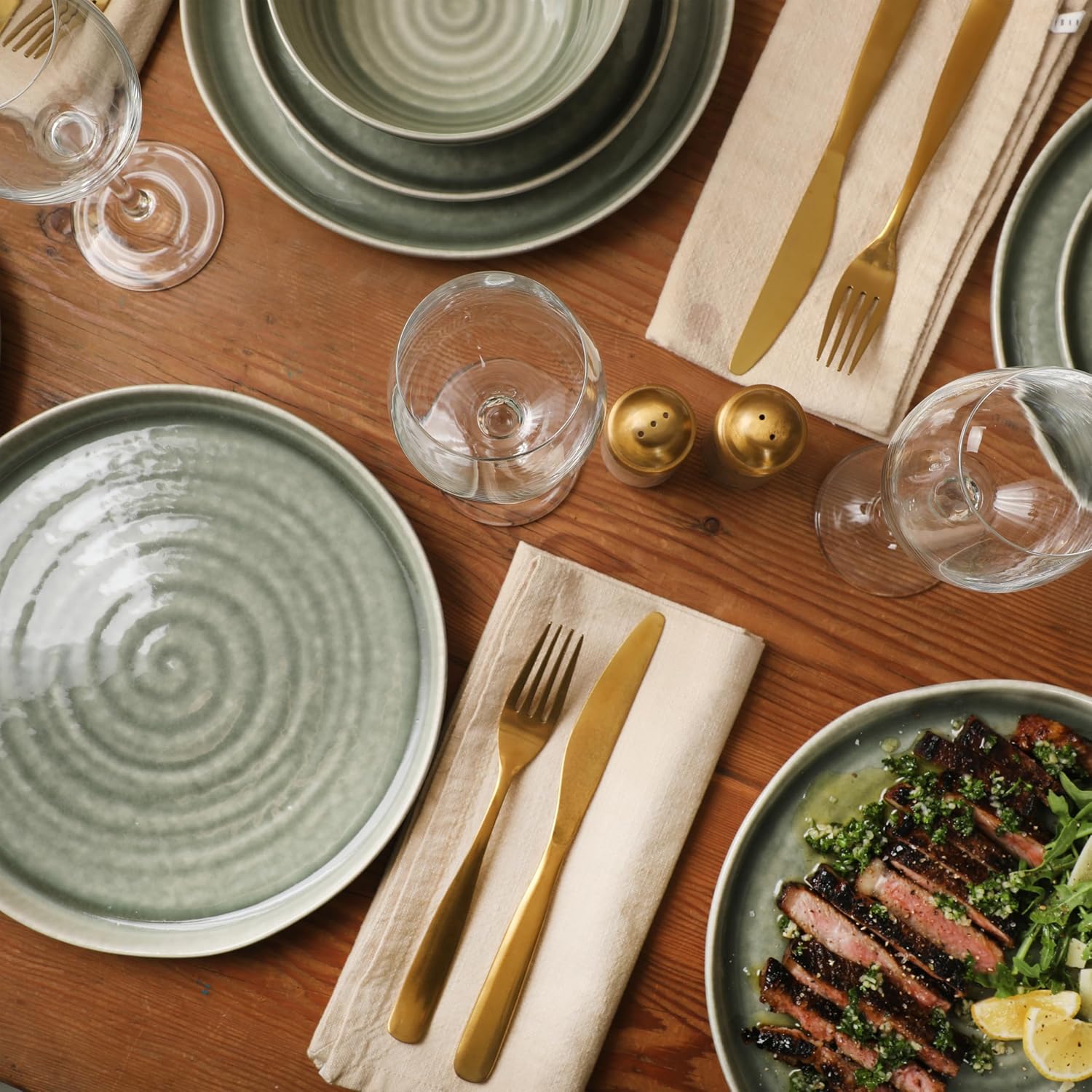 Gibson Elite Eclipse Swirls Plates and Bowls Sets, 12-Piece Stoneware Dinnerware Sets, Reactive Glaze Dish Set - Green