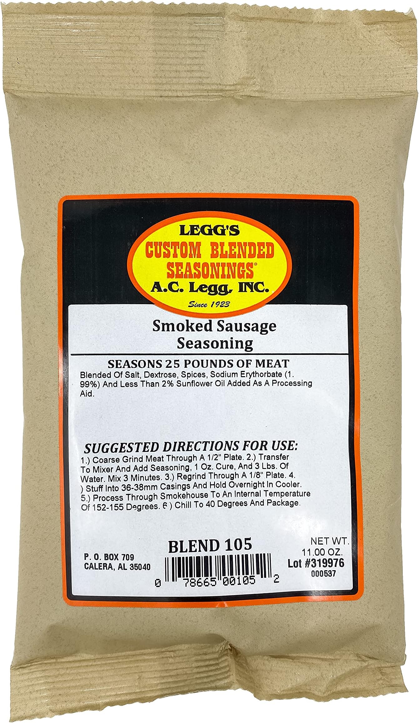 A.C. Legg Old Plantation Smoked Sausage Seasoning (Seasons 25 Pounds), 11 Ounce - with Cure
