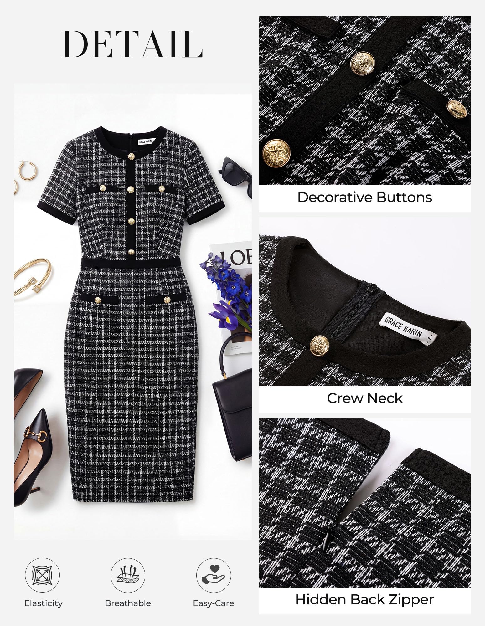 GRACE KARIN Kleider Damen Elegante Rundhal Kurzarm Bodycon Businesskleid Slim Fit Formelle Etuikleid