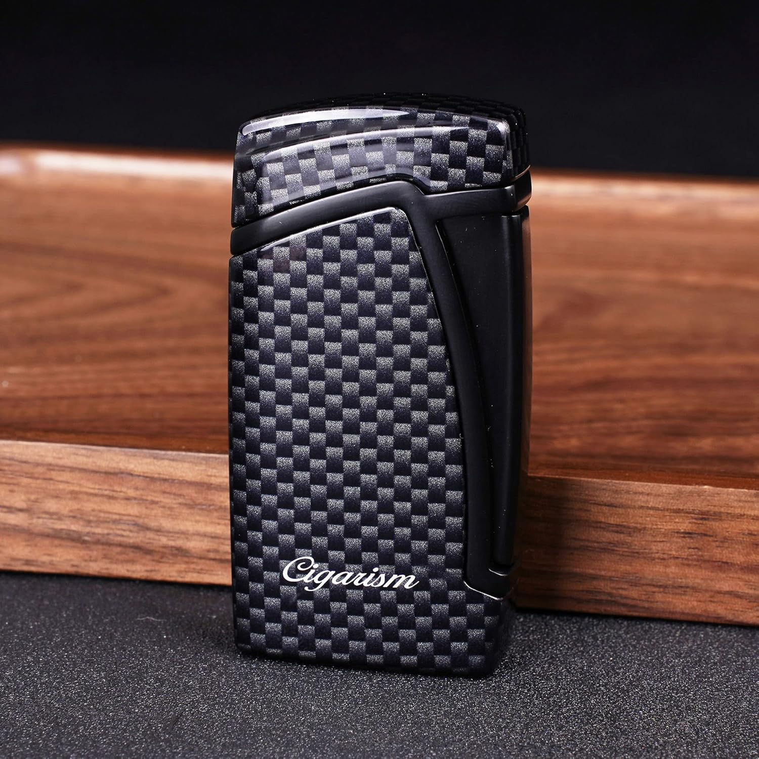 Carbon Fiber Style Cigar Lighter Cutter Set, Double Torch Flame W/Cigar Punch, Rould V-Cut Up to 56 Ring Gauge (Black)