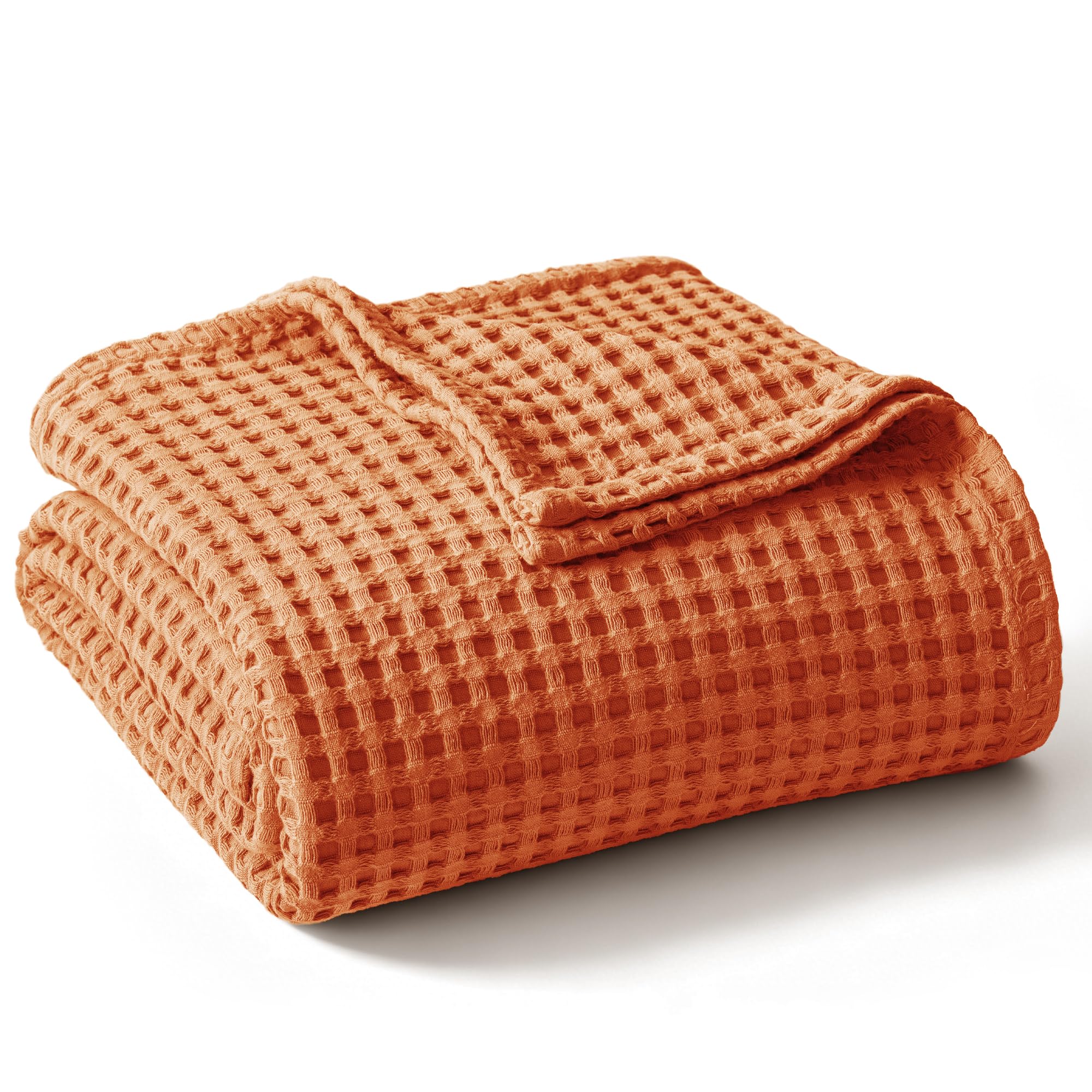 Exclusivo Mezcla Pre-Washed 100% Cotton Waffle Throw Blanket for Sofa, 330GSM Lightweight Breathable Summer Blankets, Soft and Cozy, Room Decor, Burnt Orange, 130x150 CM