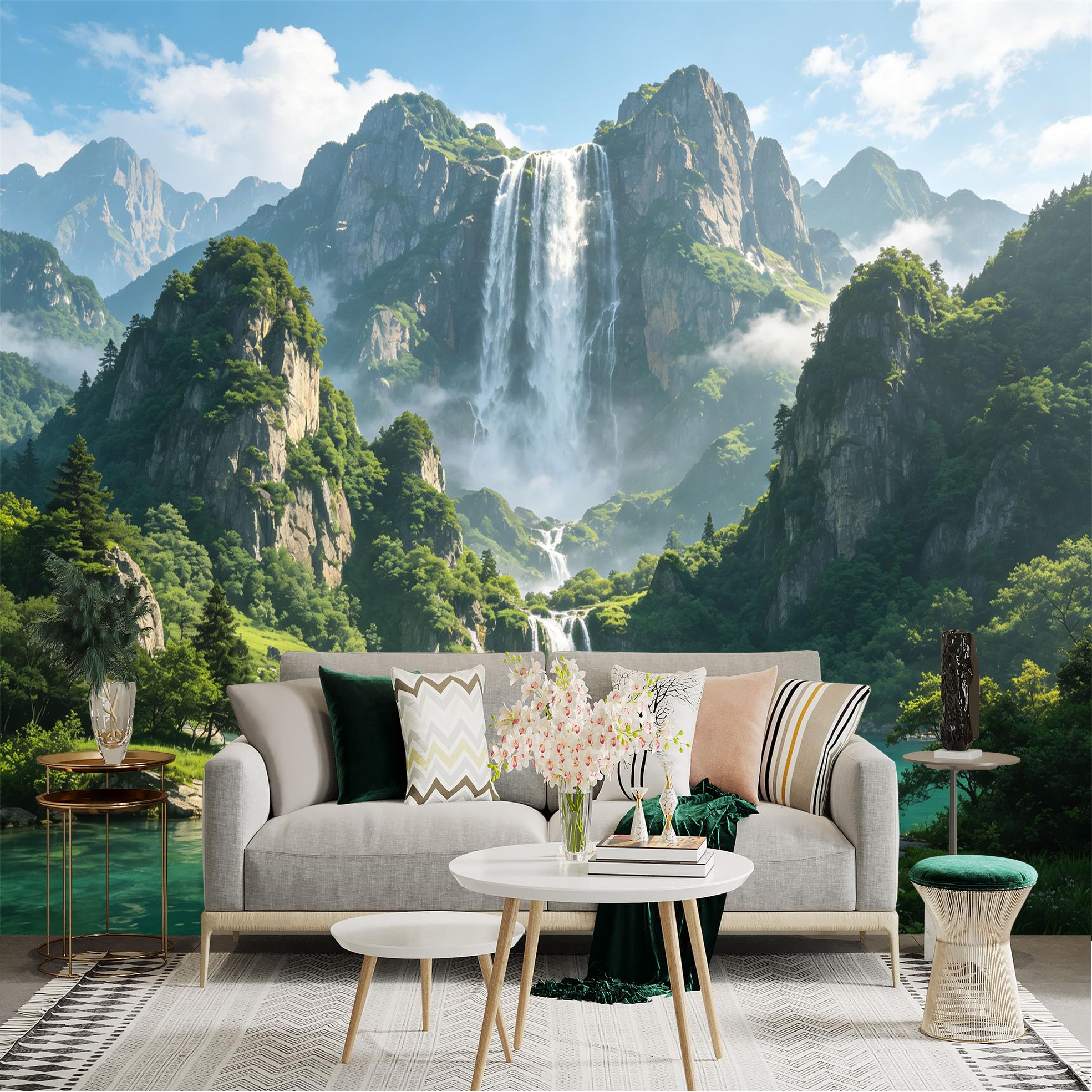 Custom Size Wall Sticker Mural， Majestic Waterfall in Lush Green Mountains， Tropical Nature Scenery， Turquoise Lake， for wall Decoration， peelandstick wall Decals.