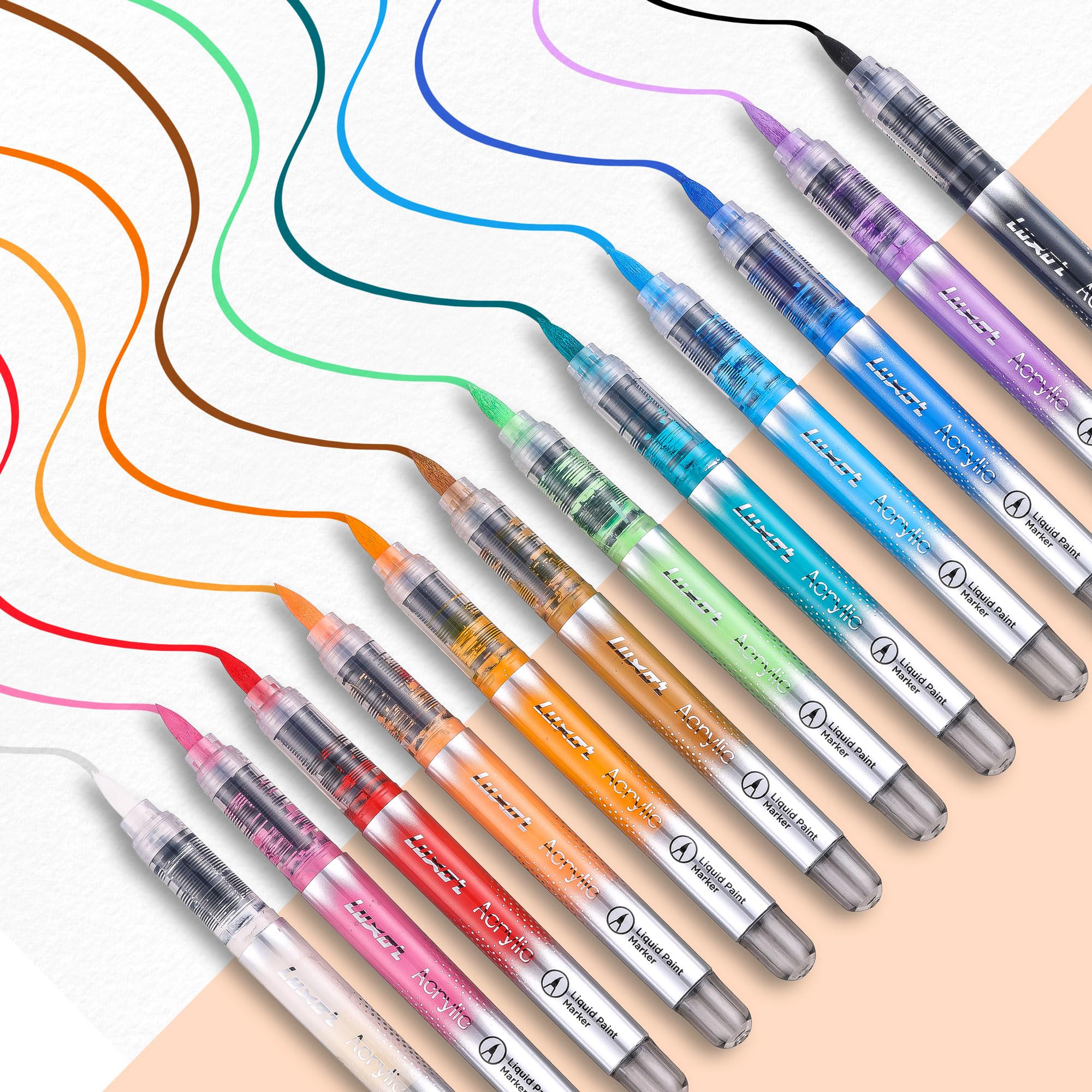 Luxor Acrylfarben-Marker, Set mit 12 Farben, flexible Pinselspitze, Tinte auf Wasserbasis, sicher und ungiftig, für Steinmalerei, Stoff, Holz, Handwerk, Keramik und Leinwand