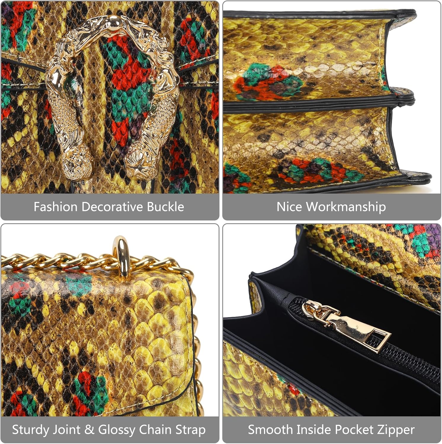 Leather Shoulder Bag Chain Purse for Women - Fashion Crossbody Bags Vintage Snake Print Underarm Bag Square Satchel Handbag - Image 5