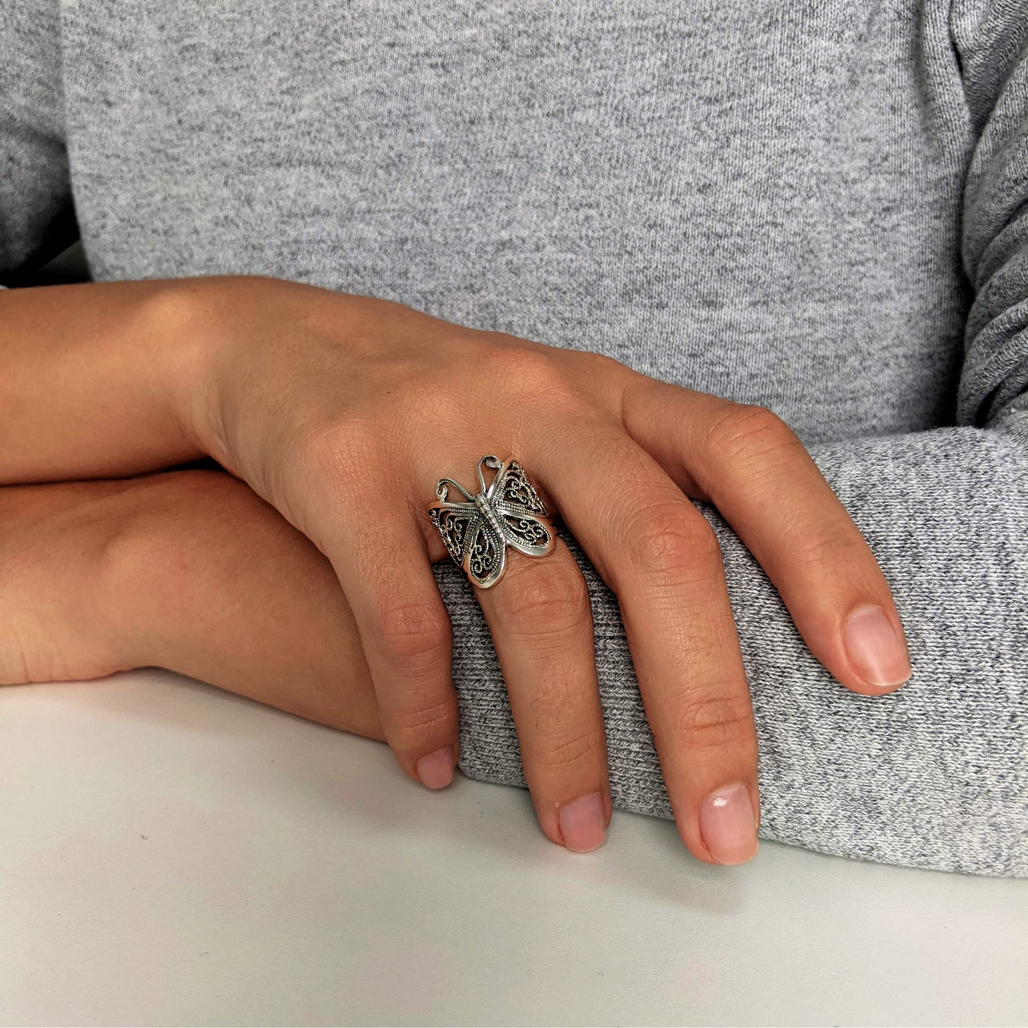 Silverly Anillo Ancho Plata de Ley Mariposa Filigrana | Anillos Plata 925 Pulgar Mujer | Joyas Dama Honor Estilo Vintage | Anillos Ornamentados Inspirados Naturaleza Ella | Regalo Hija