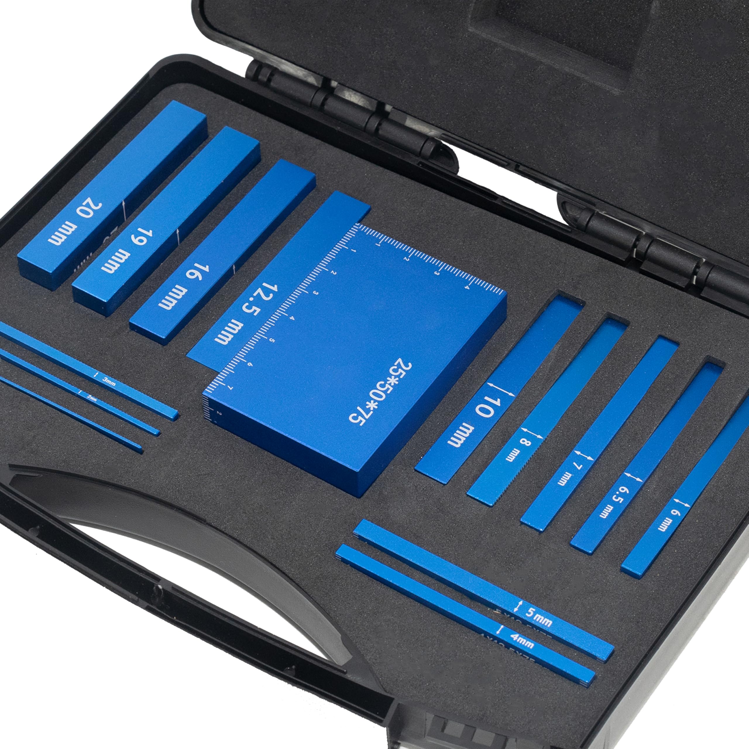 Bloques métricos de configuración para carpintería, juego de bloques de aluminio para calibrador de altura para enrutador y accesorios de sierra de mesa, color azul, 15 unidades