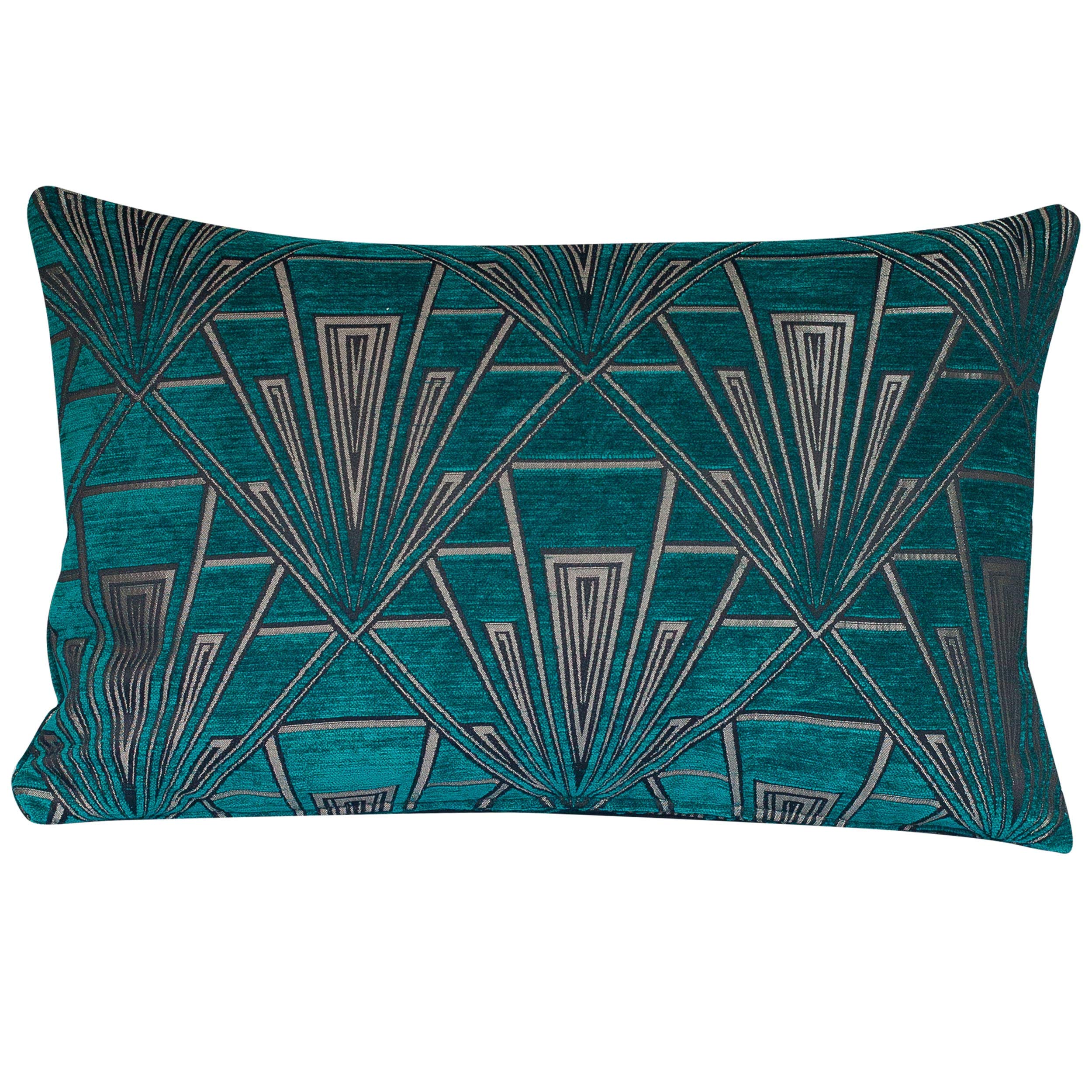 Linen Loft Teal Art Deco Xl Rectangular Cushion Cover. Geometric Silver And Velvet Chenille. 23X15 (58X38cm) Double Sided. Pillow Case. 20S And 30S Style.