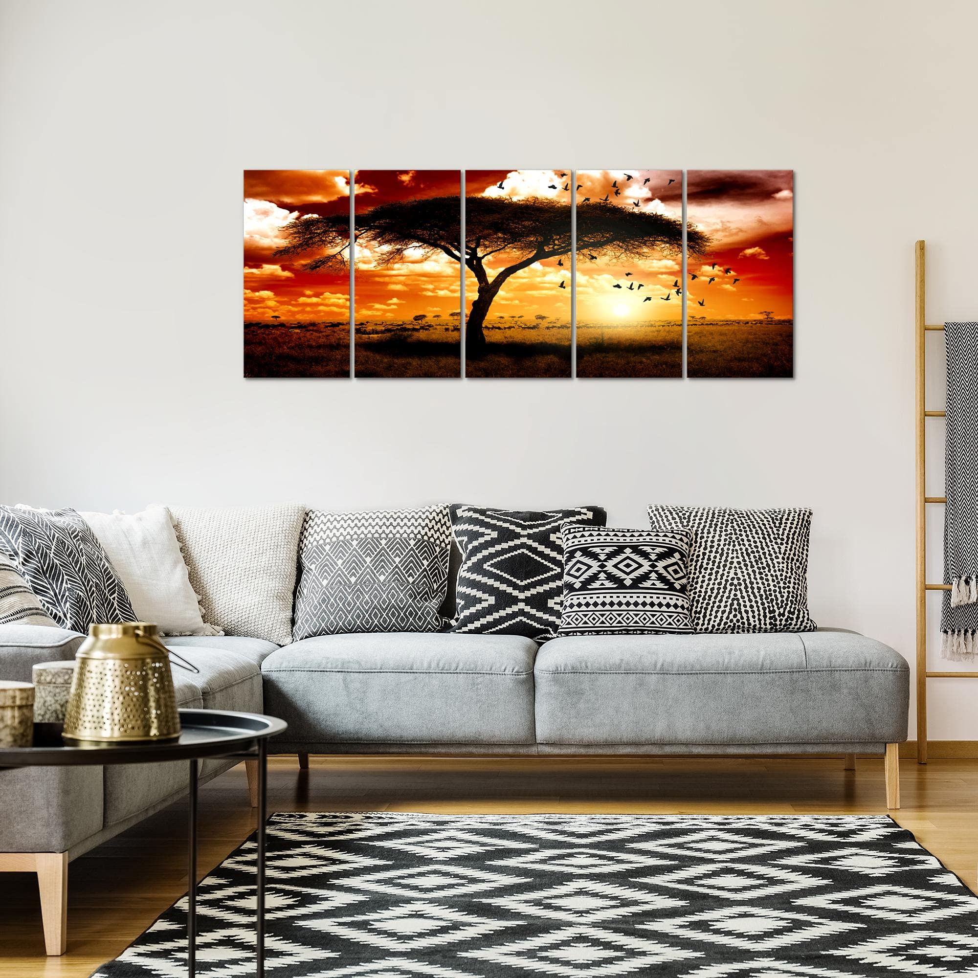 Runa Art Wandbild XXL Afrika Sonnenuntergang Wohnzimmer Schlafzimmer 200 x 80 cm Orange 5 Teilig - Made in Germany - 001555c