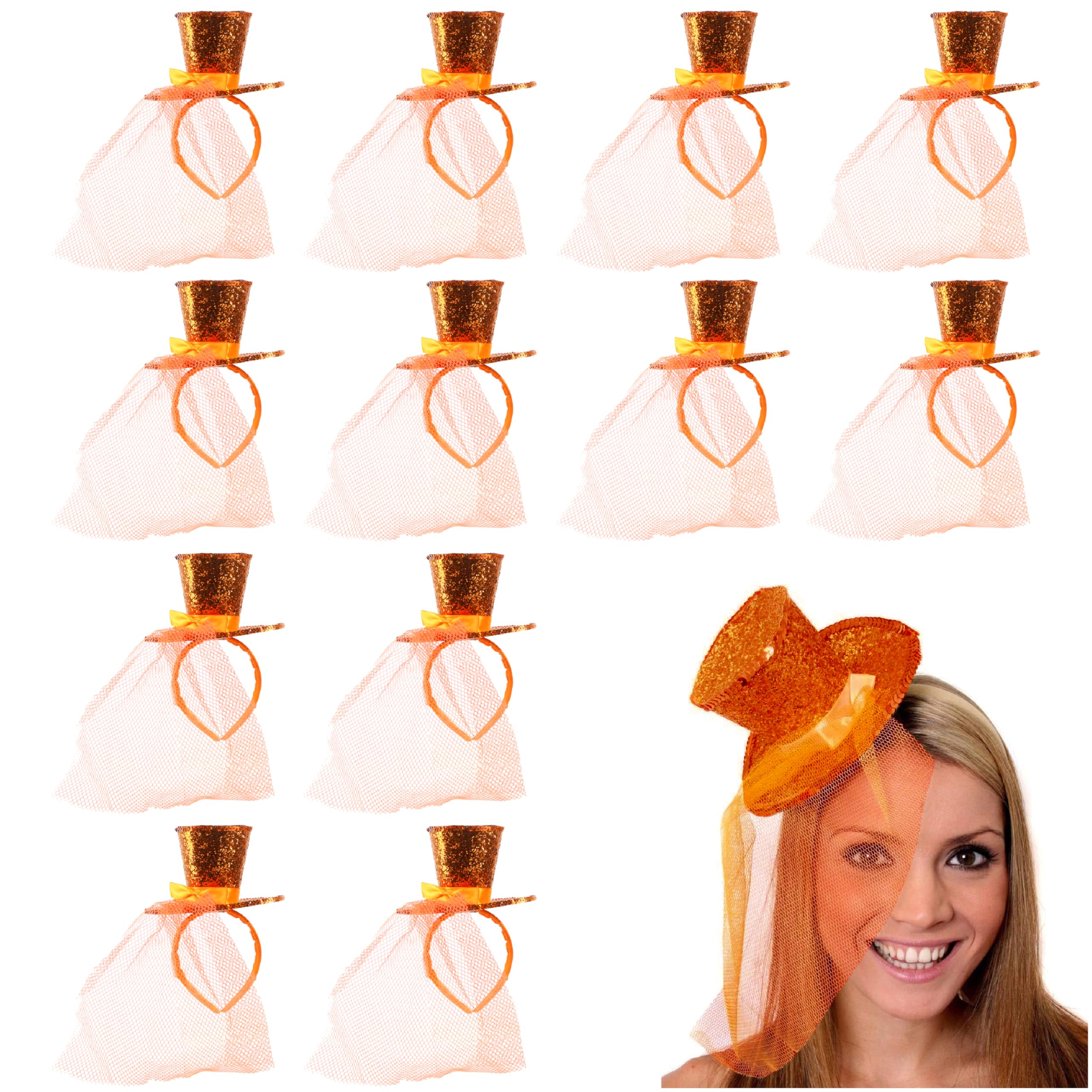 Ladies Glitter Top Hat - Pack of 1 - Mini Orange Sequin Top Hat with Matching Fascinator Veil - Ladies Halloween Christmas Fancy Dress Costume Accessory