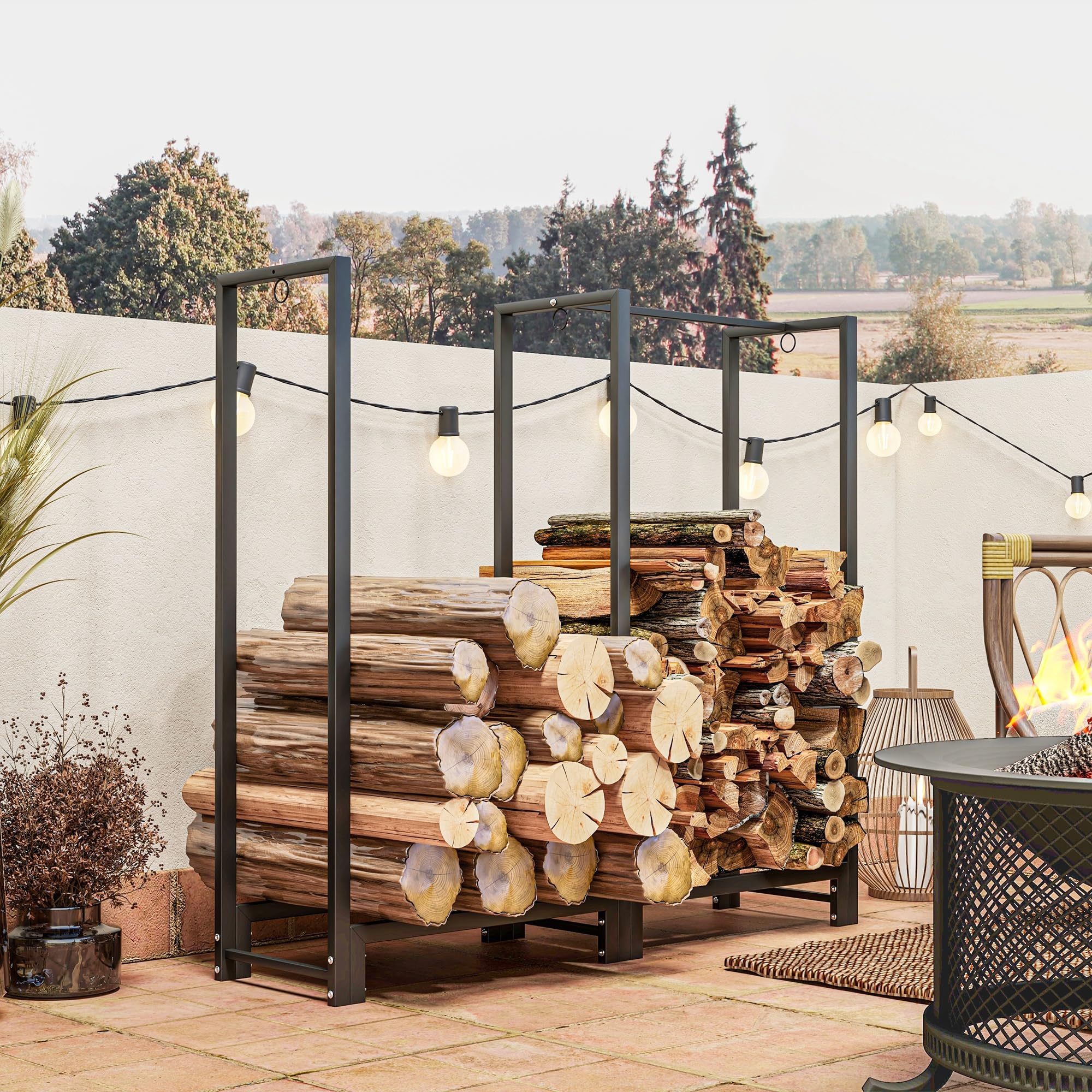 Outsunny Portalegna da Esterno a 2 Sezioni, Portalegna per Camino con 6 Gambe e 3 Anelli, 123x32x115 cm, Nero
