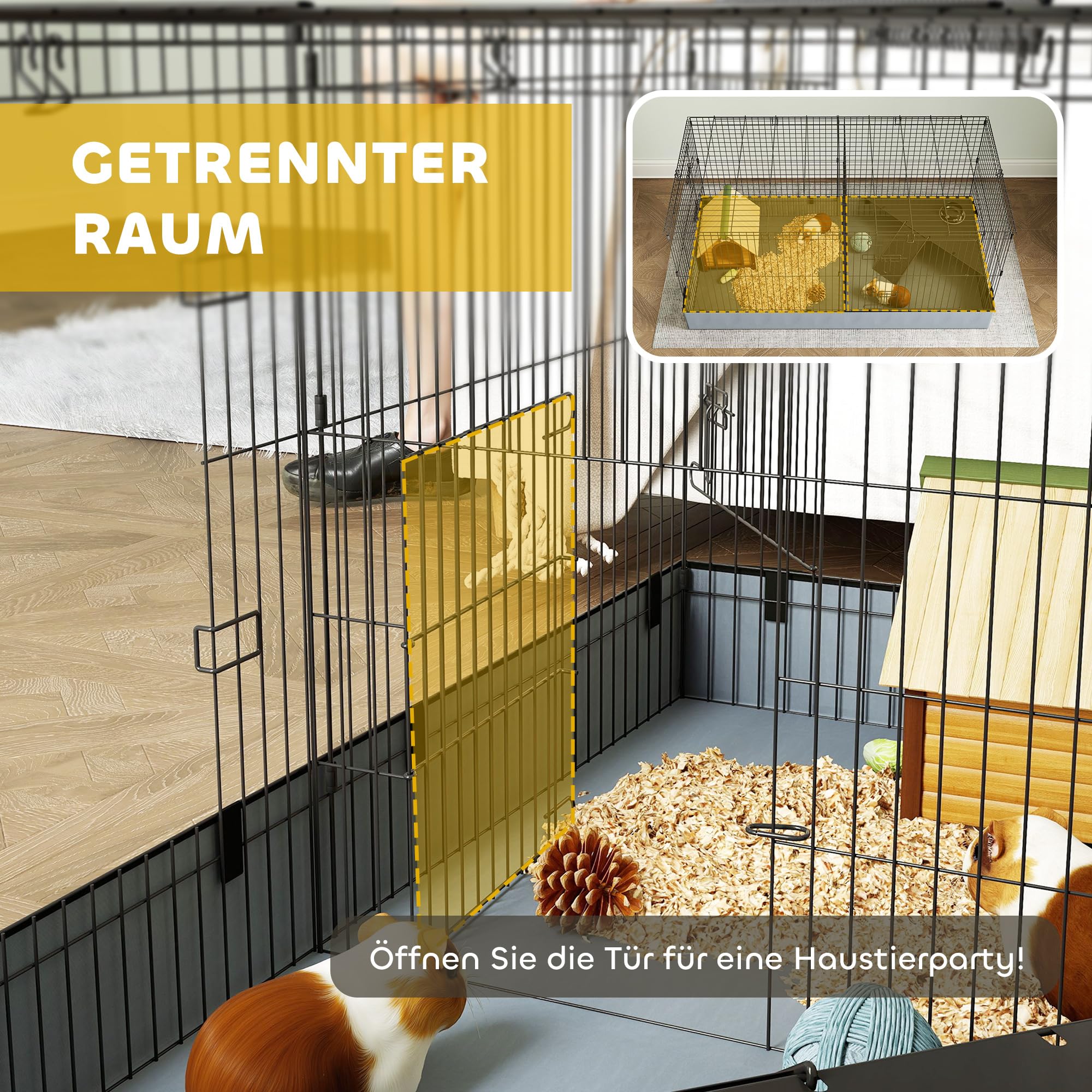 PawHut Kleintierkäfig, Nagerkäfig mit Rampe, Trennwand, Kaninchenkäfig mit abnehmbarem Verdeck, Stoffboden, Meerschweinchenkäfig für Kleintiere, Stahl, Schwarz | Nagerkäfig, Kaninchenkäfig mit Abnehmbarem Verdeck, Stoffboden, Meerschweinchenkäfig