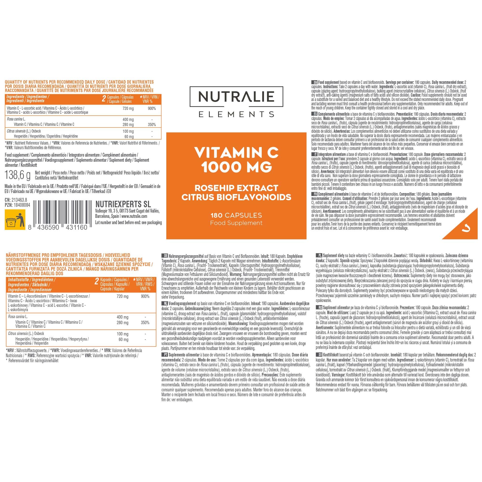 VITAMINA C 1000 mg con + Rosa Canina Ácido Ascórbico - Defensas + Cansancio - Antioxidante - Bioflavonoides + Vitamin C - 180 Cápsulas Veganas Nutralie