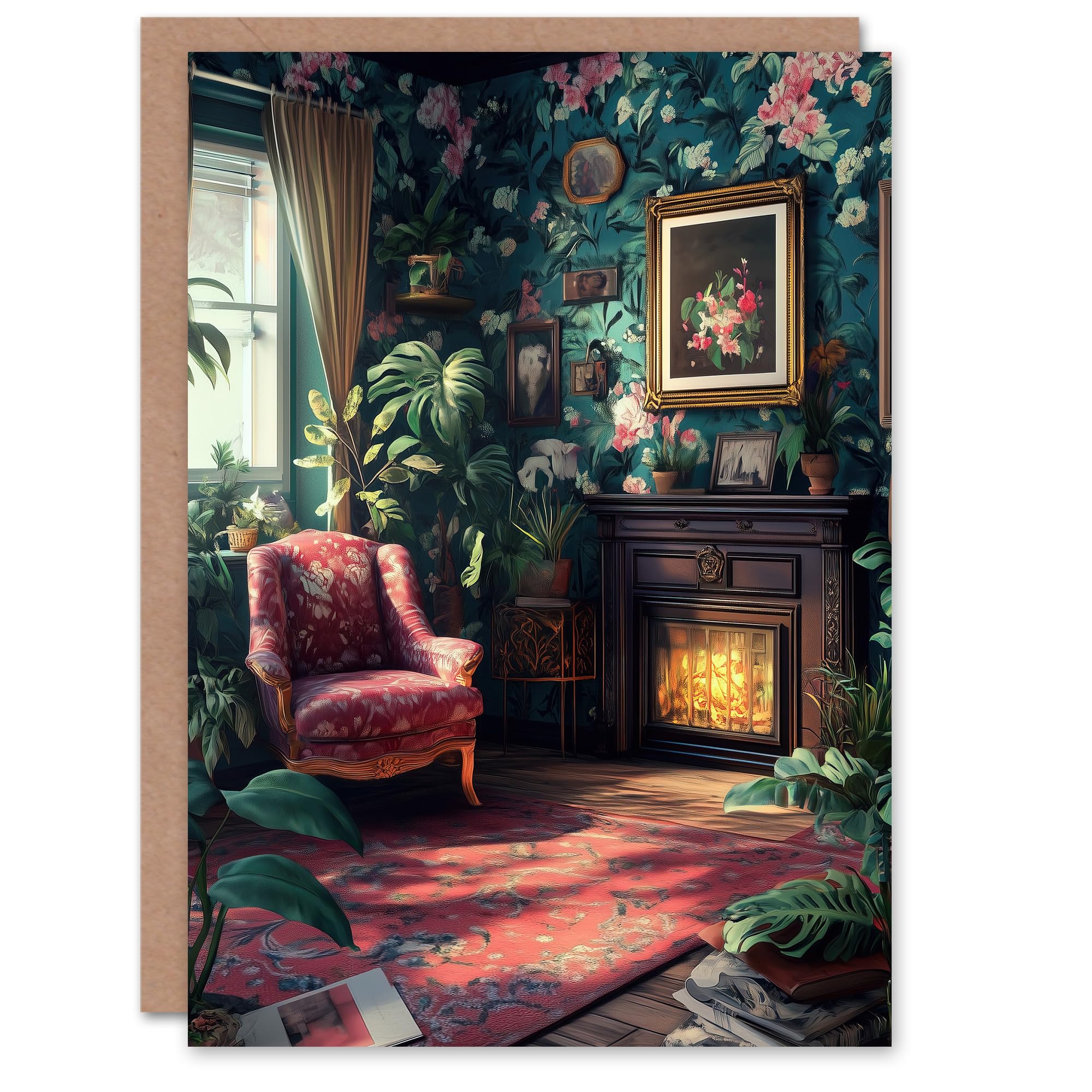 Artery8 Greeting Card Plant Lover Cozy Fireplace Floral Tapestry For Her Woman Birthday Card