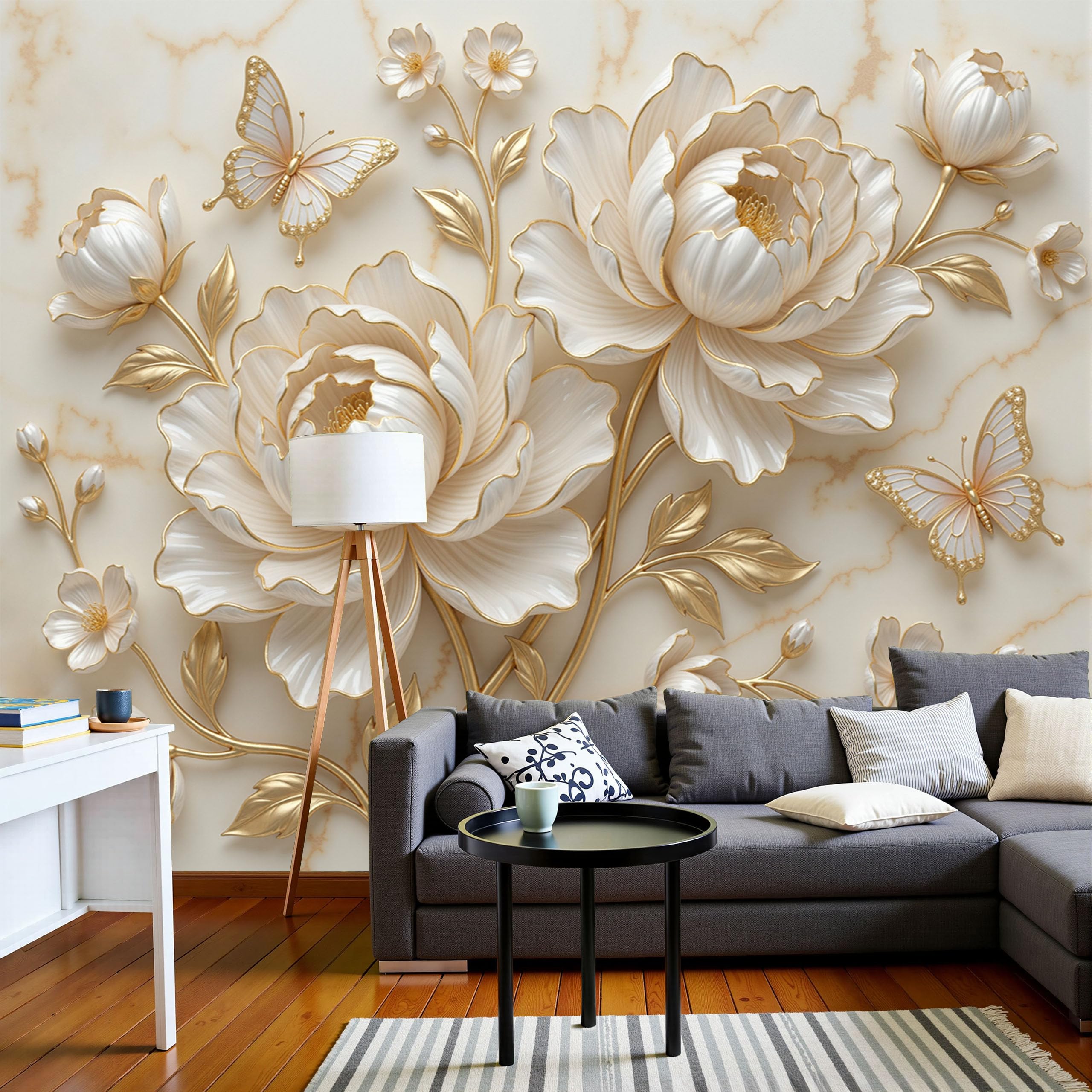Papier peint 3D effet marbre et or 300x210 cm pour un salon luxueux
