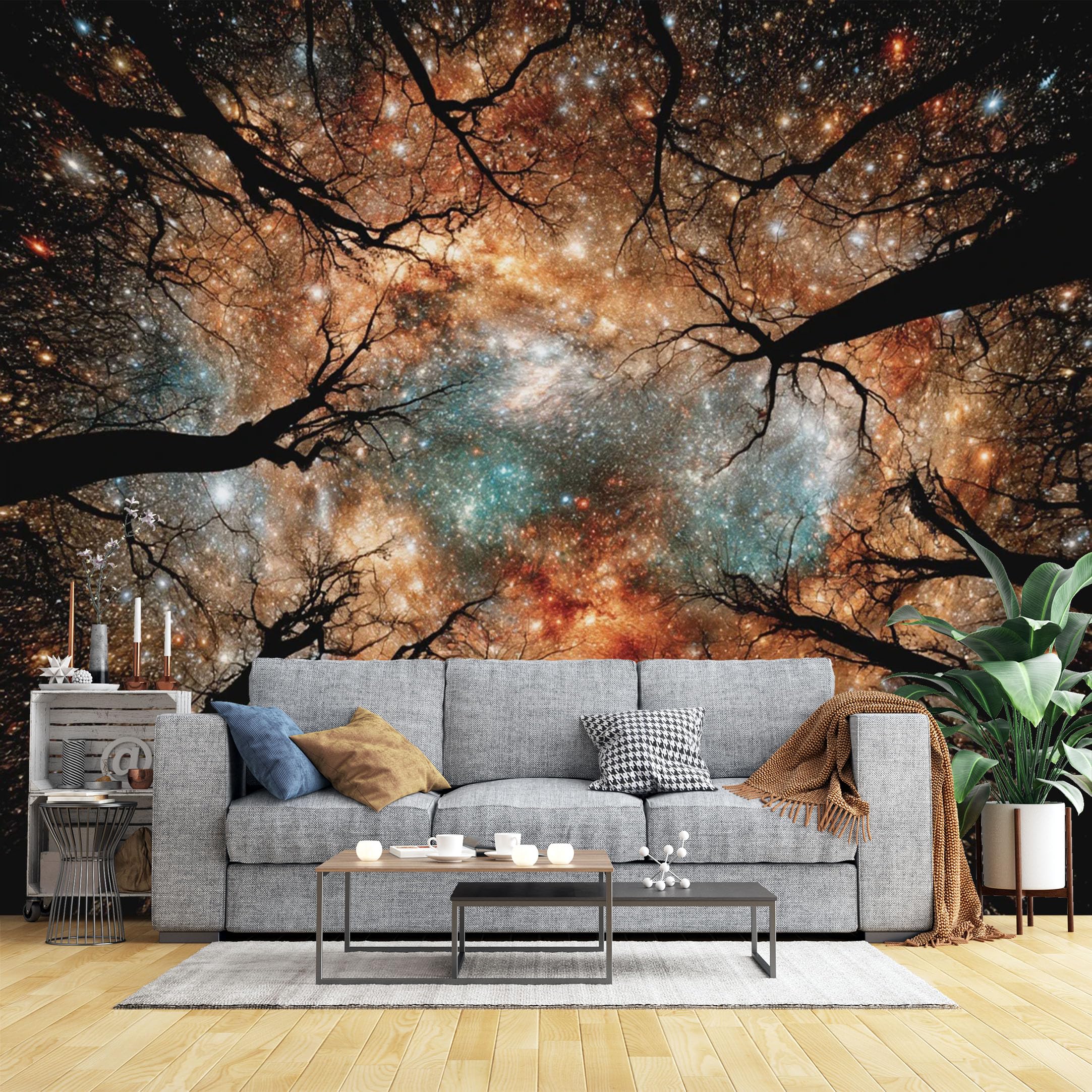 Custom Size Wall Murals Starry Sky Through Tree Branches Wall Murals Cosmic Landscape Wallpaper, HD Self-Adhesive Removable Wallpaper for Living Room