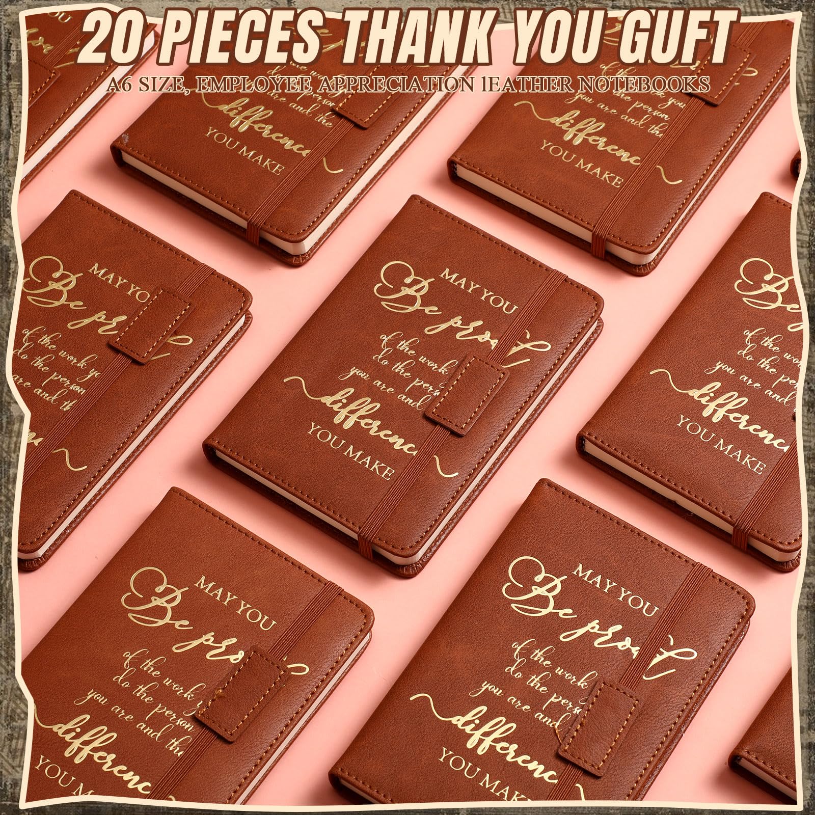 Qeeenar 24 Pcs Thank You Gifts A6 Leather Journal Bulk May You Be Proud of The Work Appreciation Employee Gifts Small Notepad Inspirational Notebooks for Men Women Coworker (Brown,Appreciation)