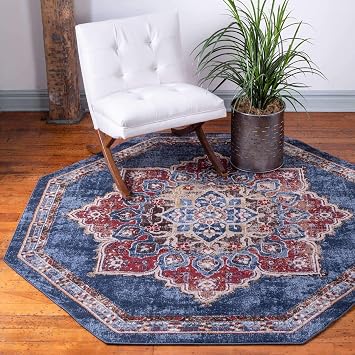 Unique Loom Utopia Collection Traditional Classic Vintage Inspired Area Rug with Warm Hues 5 0 x 5 0 Octagon, Navy Blue/Burgundy