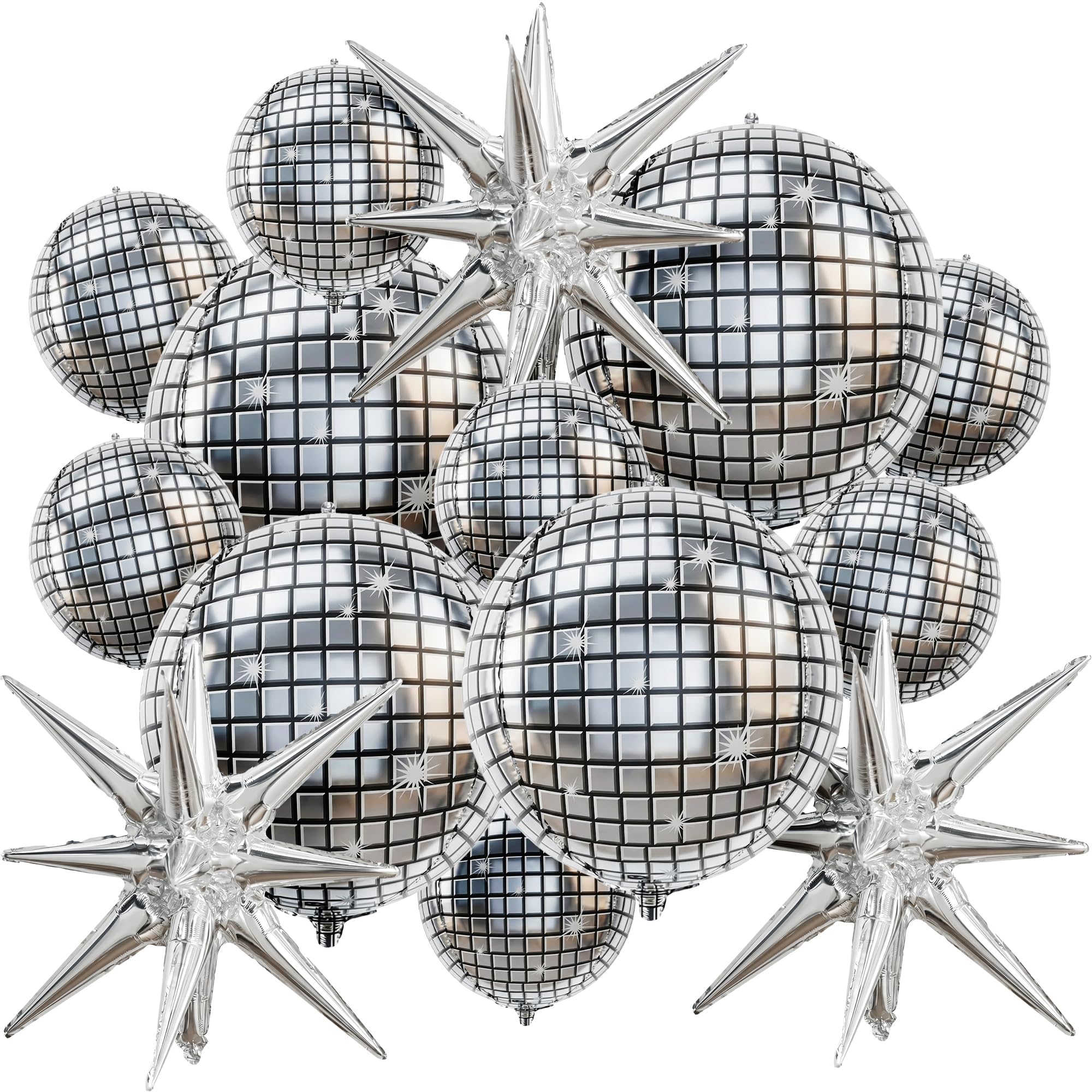 14PCS Disco Ball Decorations, 22Inch 4D Large Foil Balloons and Star Shapes, Ideal for Retro Themed Parties and Event Decorations
