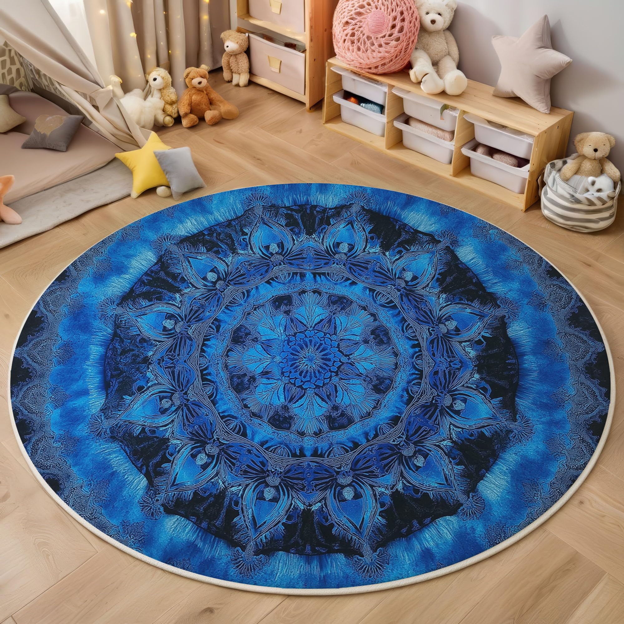 Tapis Rond à Poils Ras Mandala Antidérapant Lavable Tapis de Sol Style Tie-Dye Moquette Décoration pour Salon Chambre Canapé Descente de lit, 180cm, Indigo
