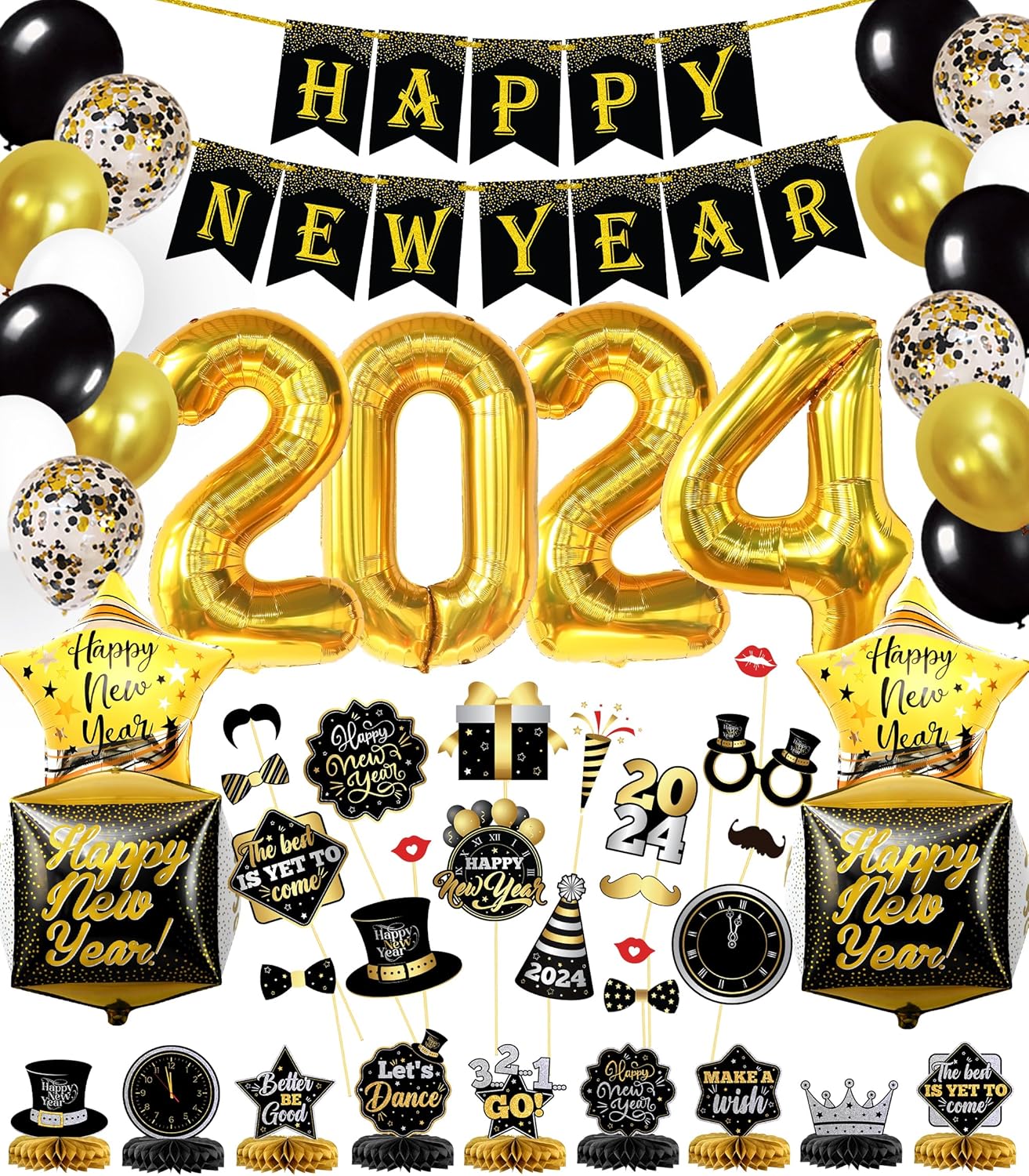 New Year Honeycomb Centerpieces with New Years Eve Party Supplies 2024 - Huge, Set of 85 | Black and Gold Happy New Year Decorations 2024 | New Year Balloon, New Years Eve Decorations