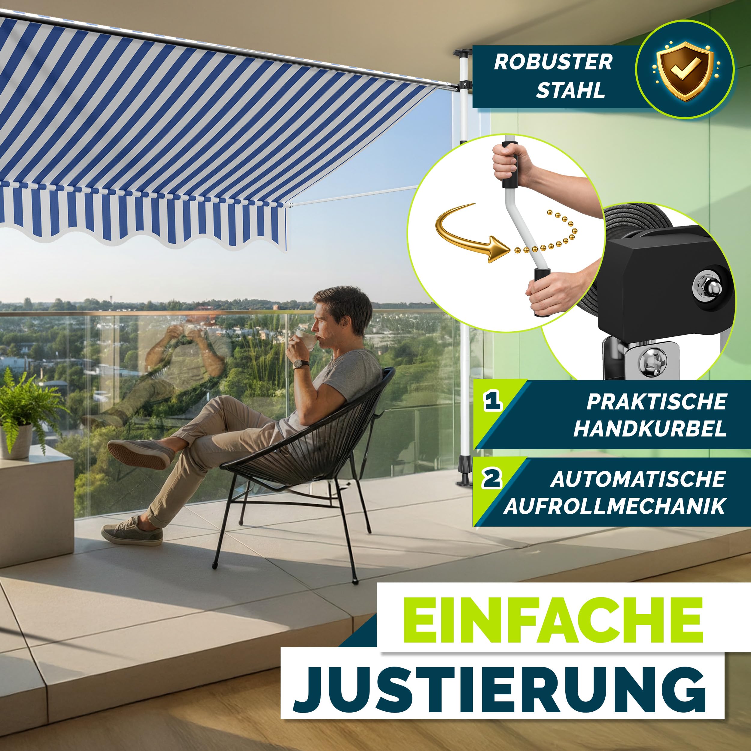 LIFERUN Klemluifel, zonder boren, 200 cm, met handslinger, balkon, balkonluifel, zonwering, waterdicht, uv-bestendig, in hoogte verstelbaar, waterafstotend, terrasoverkapping, metaal en polyester