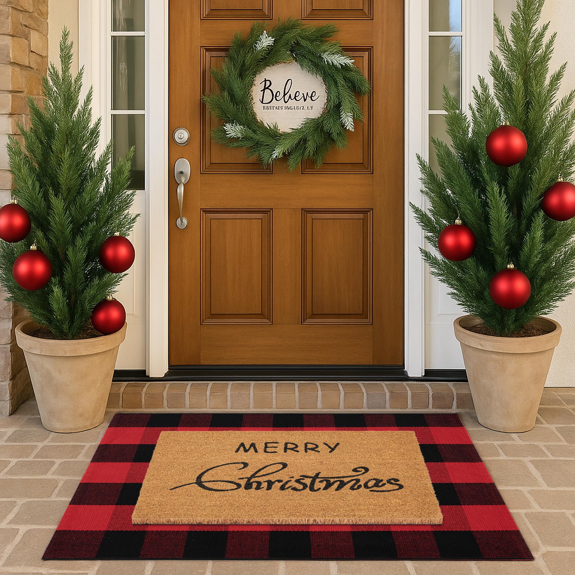 Juego combinado de felpudos de Navidad, tapete de bienvenida 100% fibra de coco + alfombra de cuadros rojos y negros de 28 x 43 pulgadas, tapete decorativo de Año Nuevo, colección de Navidad, para